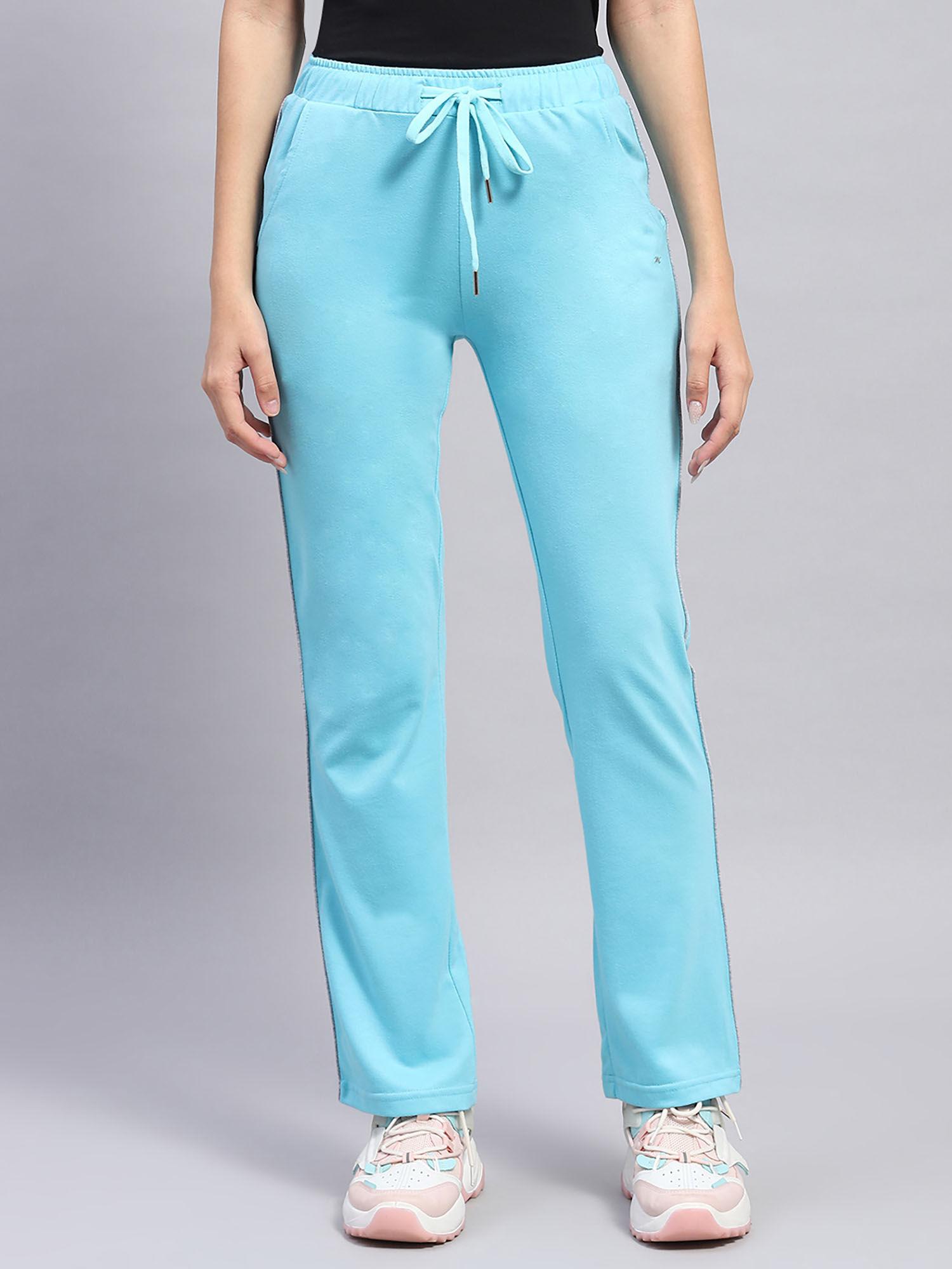 womens blue solid cotton blend regular fit trackpant