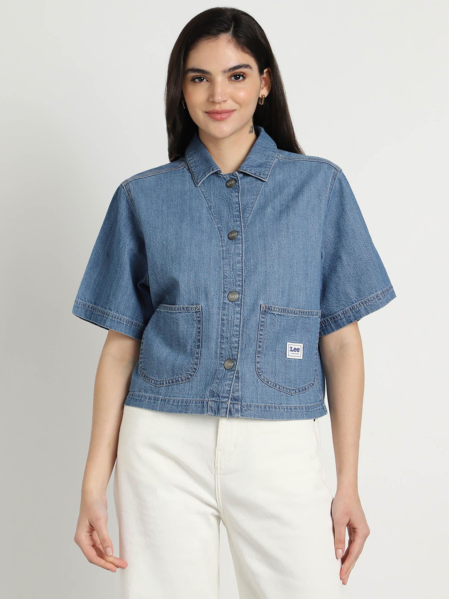 womens blue solid front pocket shirt