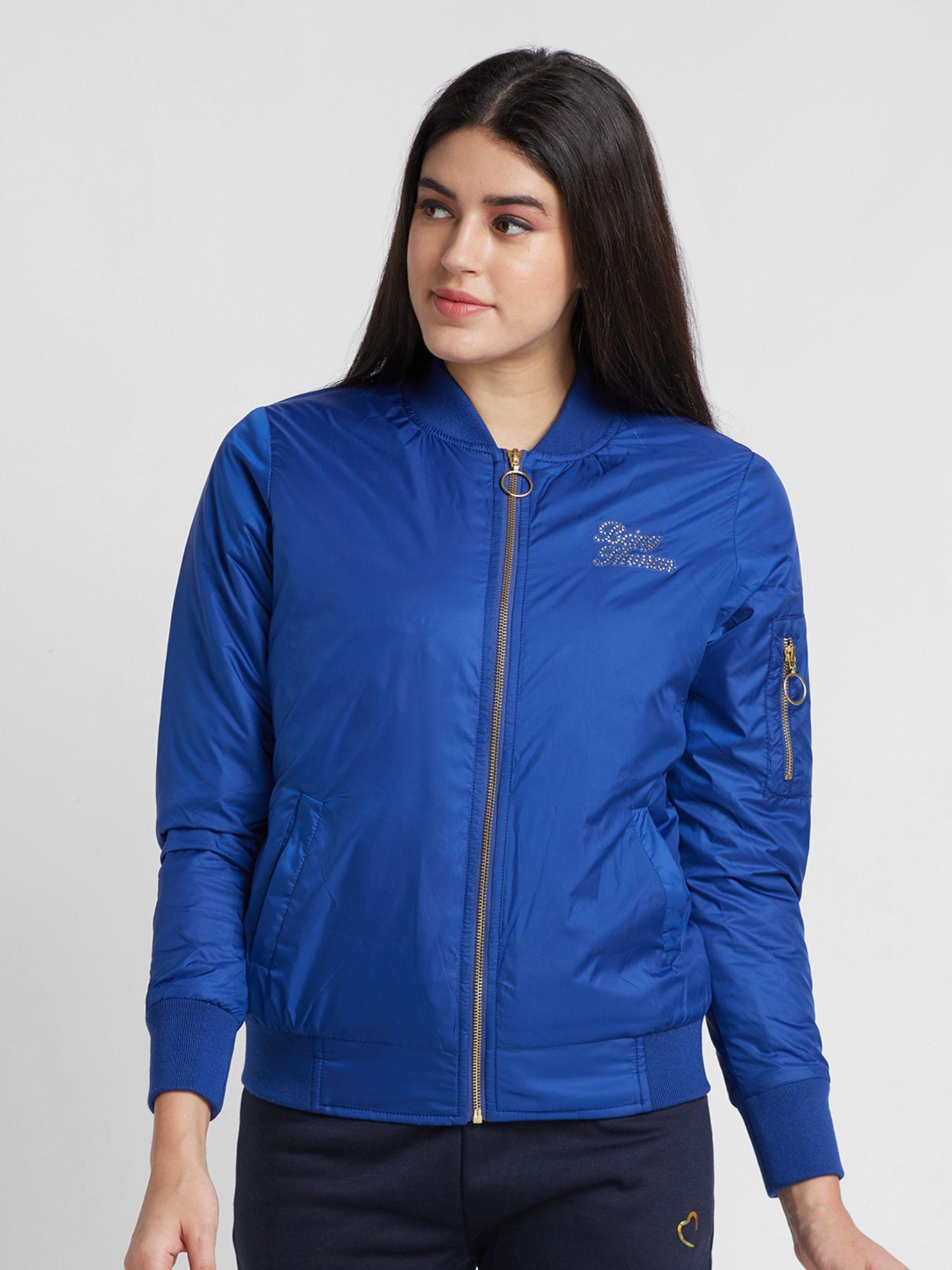 womens blue solid high neck jacket