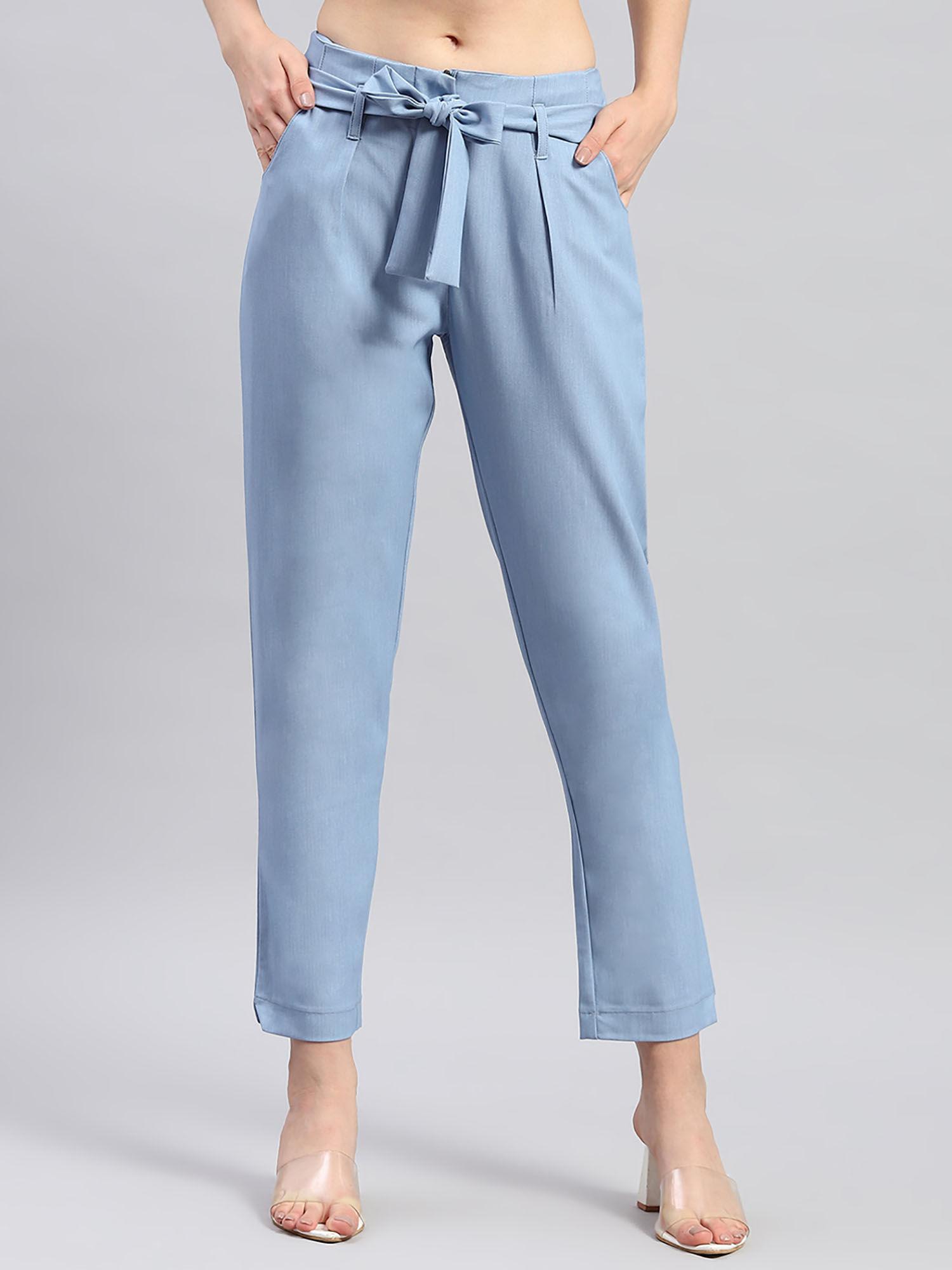 womens blue solid regular fit trousers