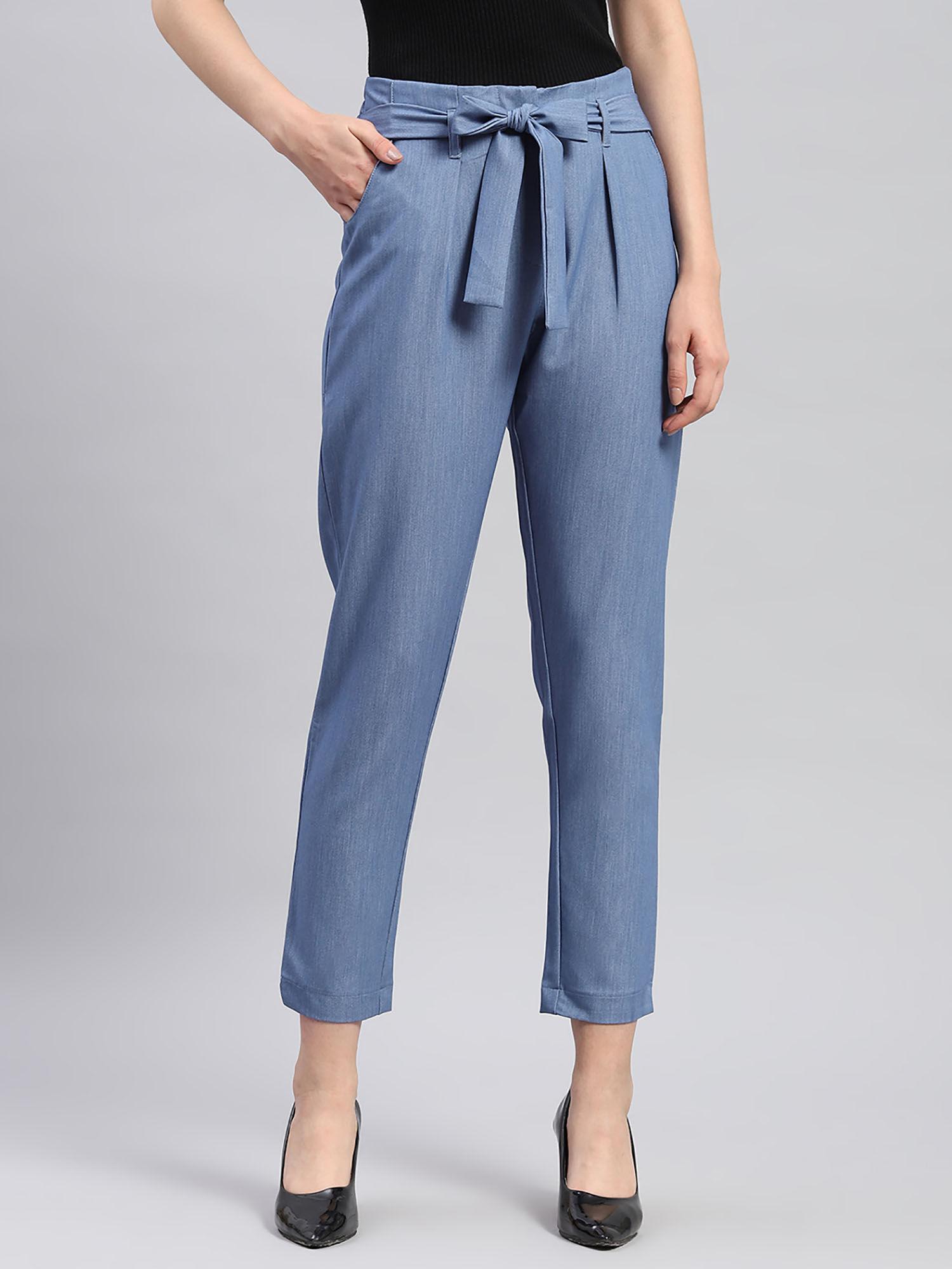 womens blue solid regular fit trousers