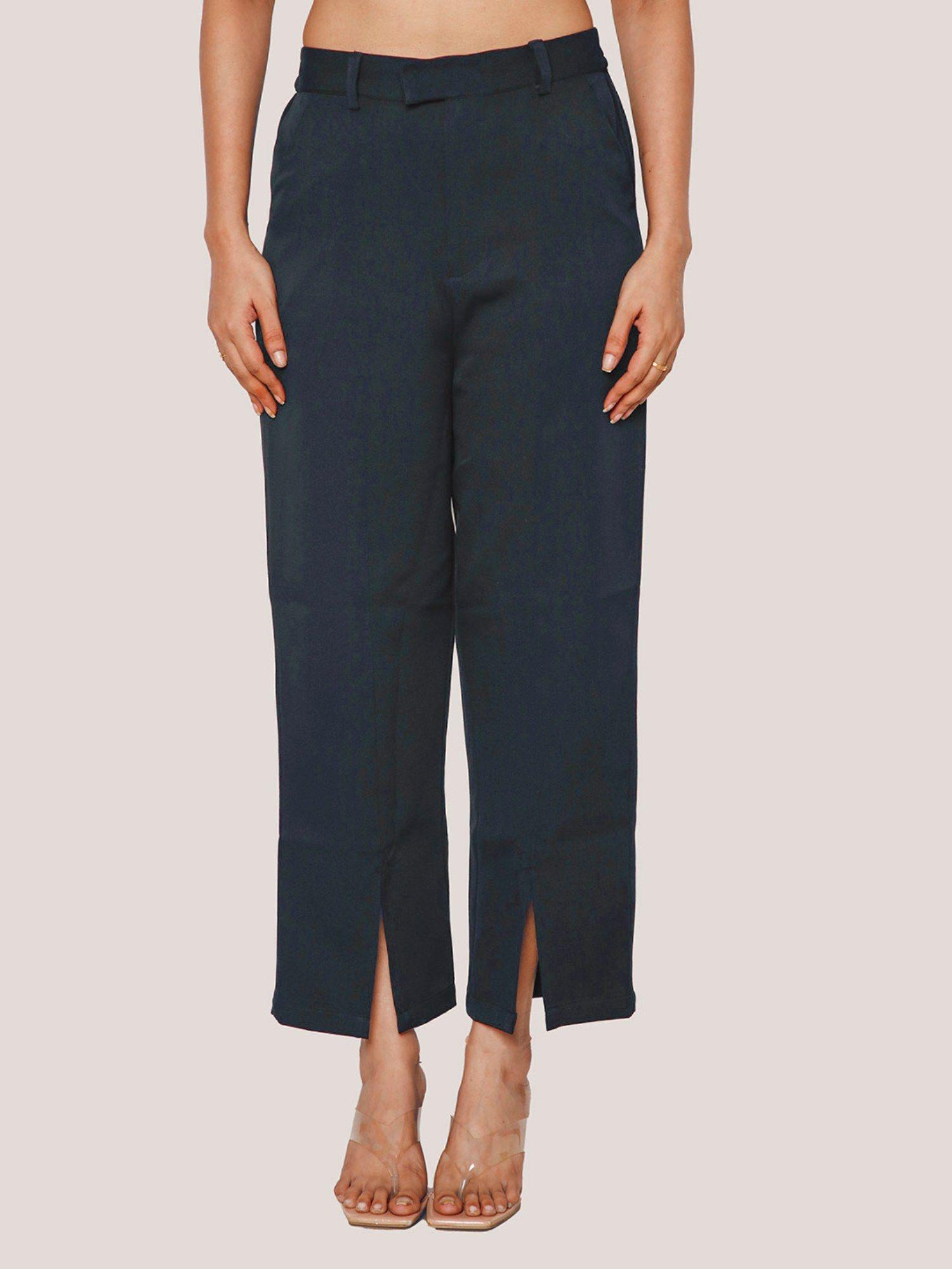 womens blue solid straight trouser