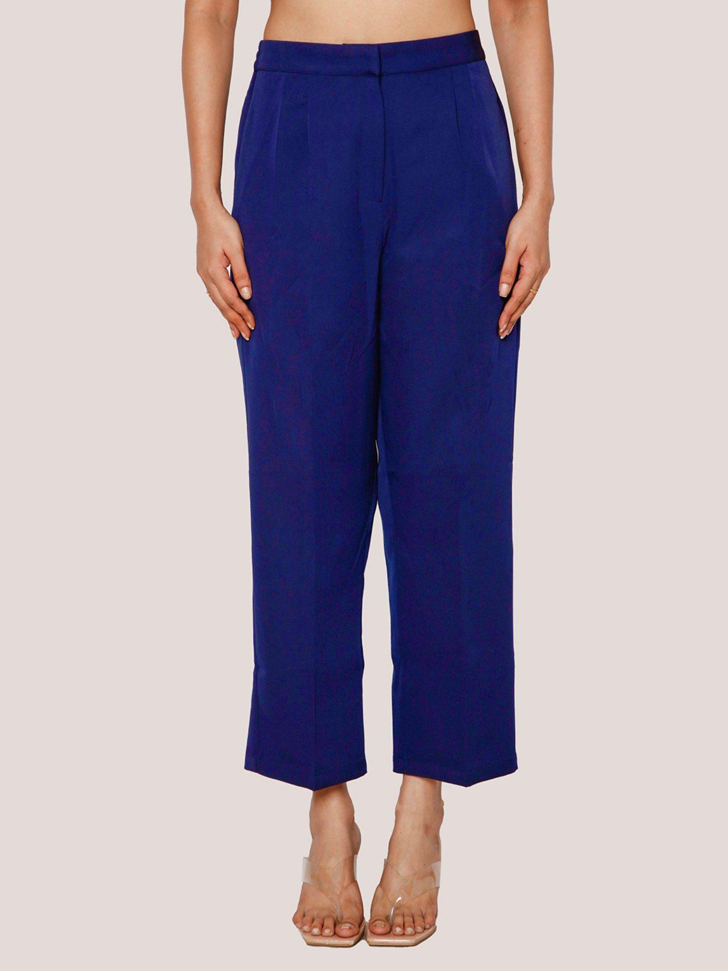 womens blue solid straight trouser