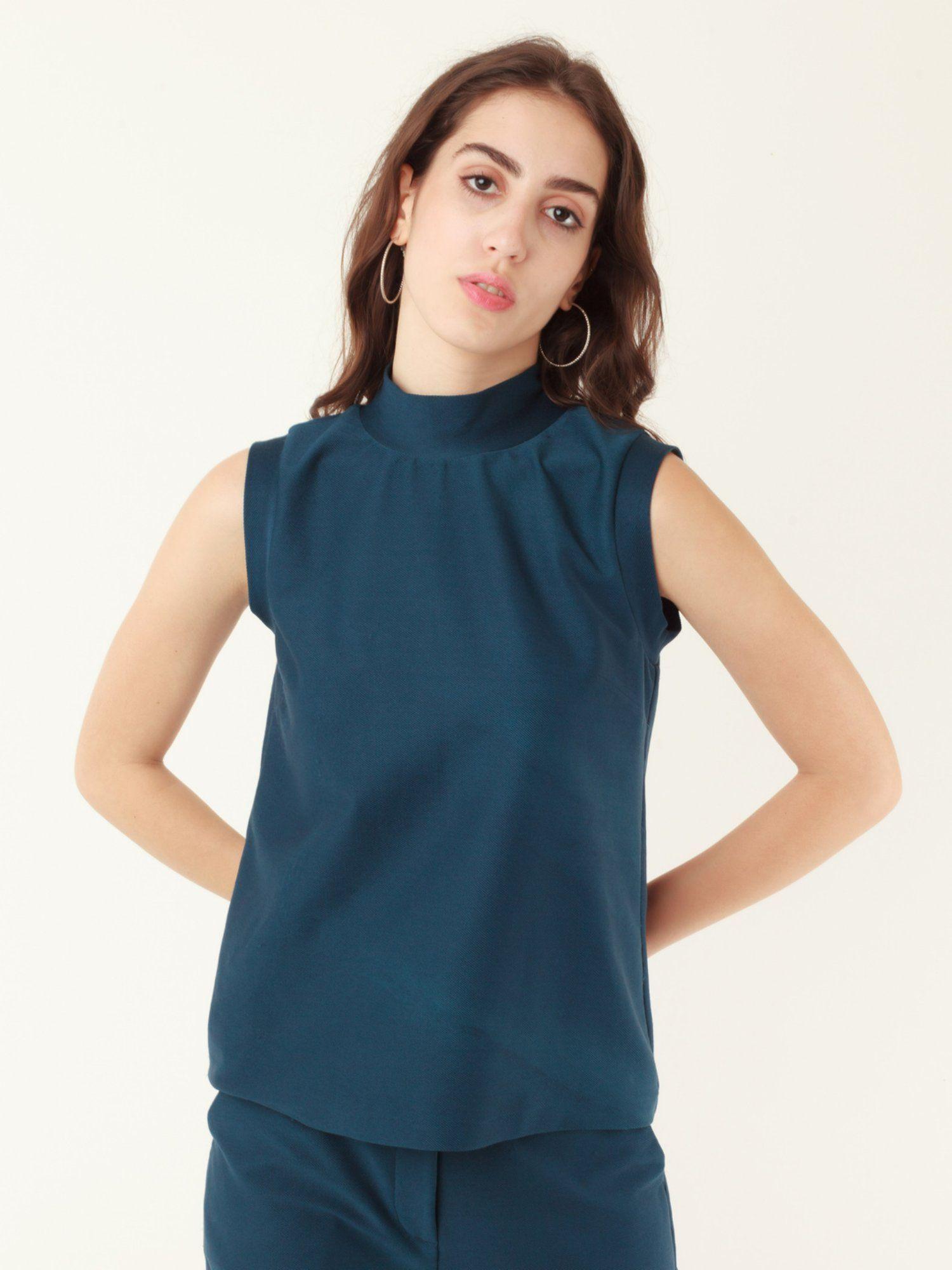 womens blue solid top