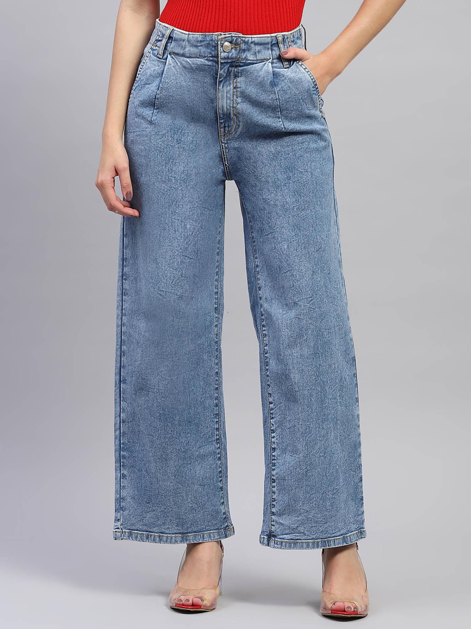 womens blue solid wide leg jeans