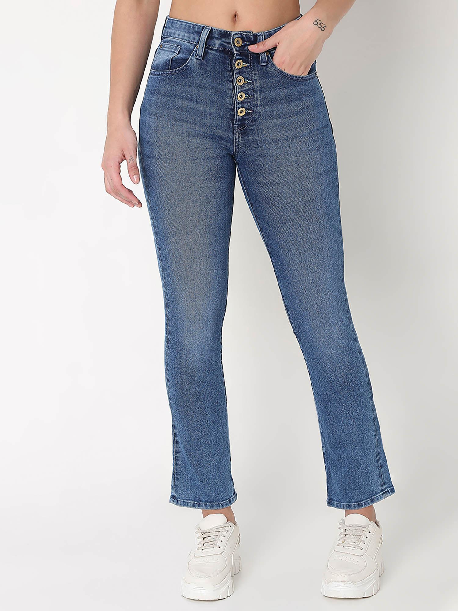 womens blue straight fit mid rise cotton blend jeans