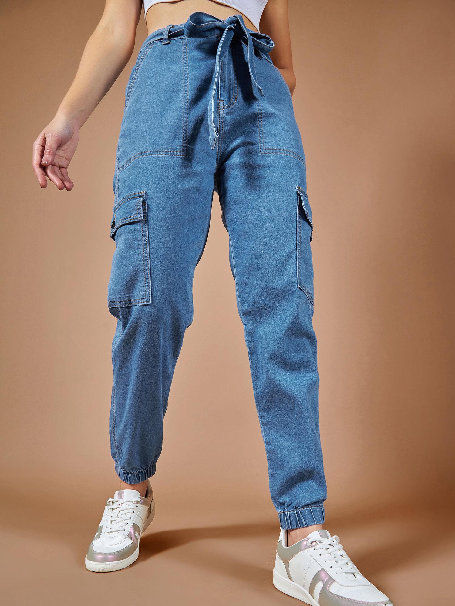 womens blue stretchable denim joggers