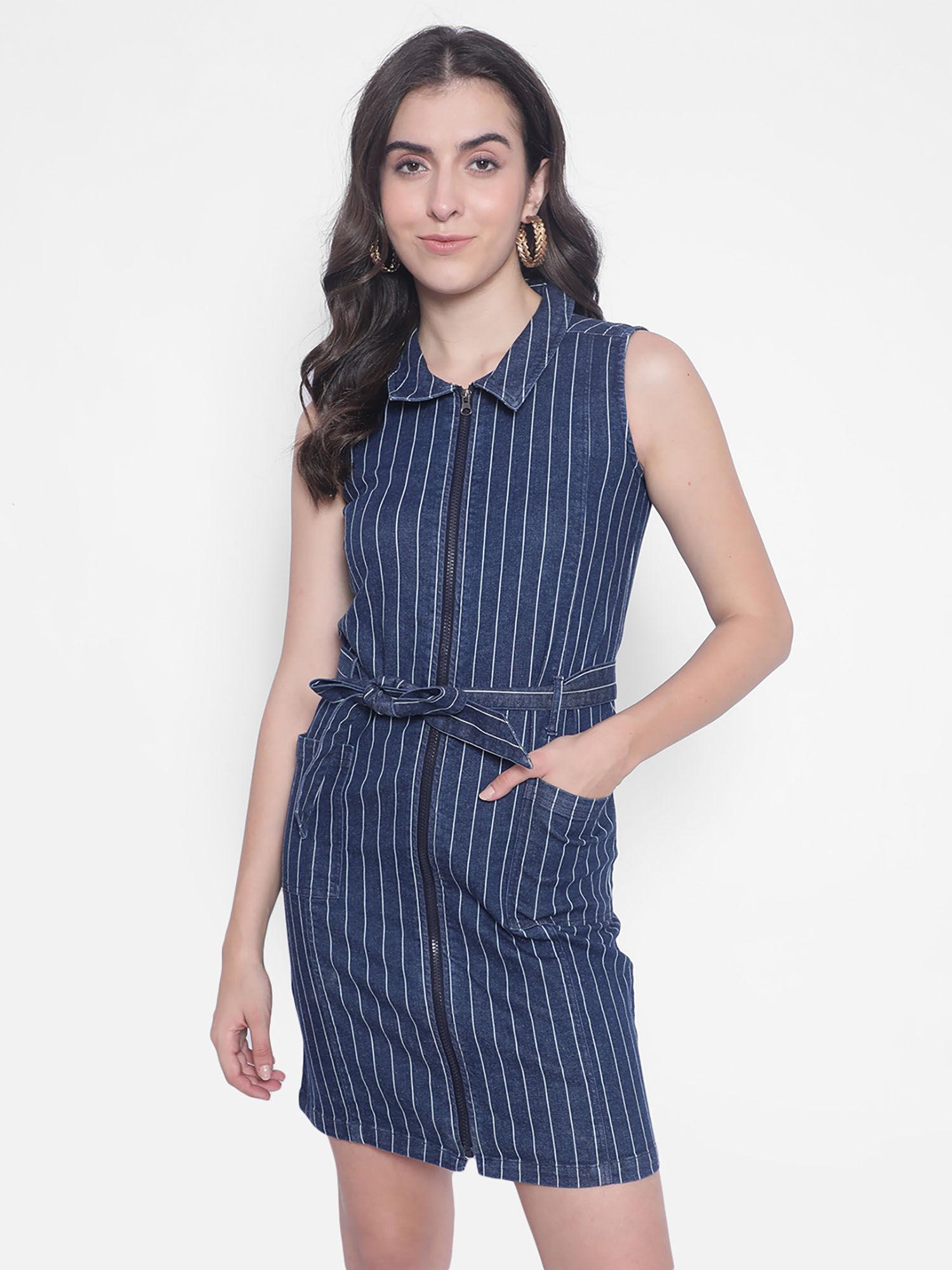 womens blue stripes denim dress (set of 2)