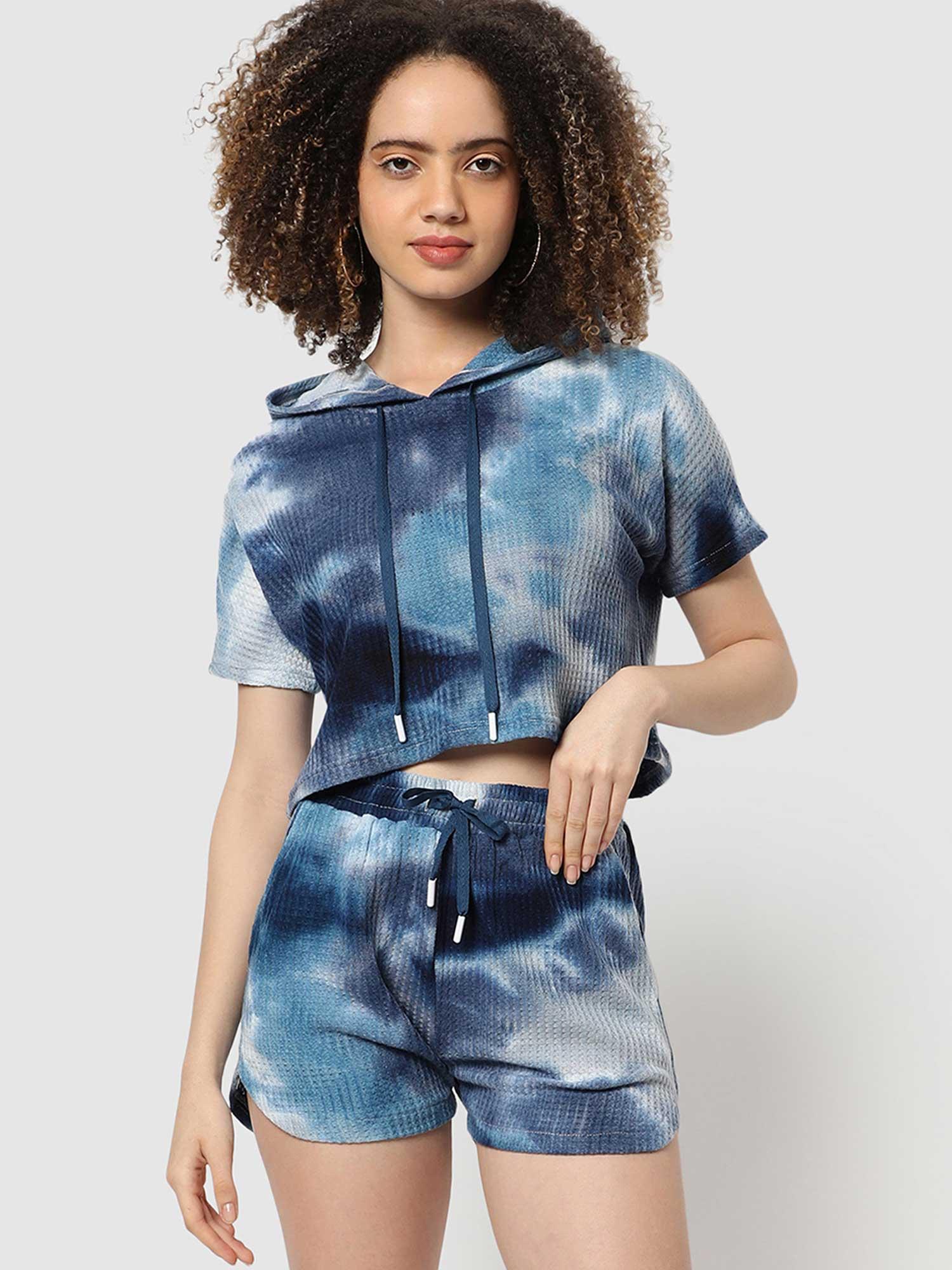 womens blue tie-dye cropped co-ords (set of 2)