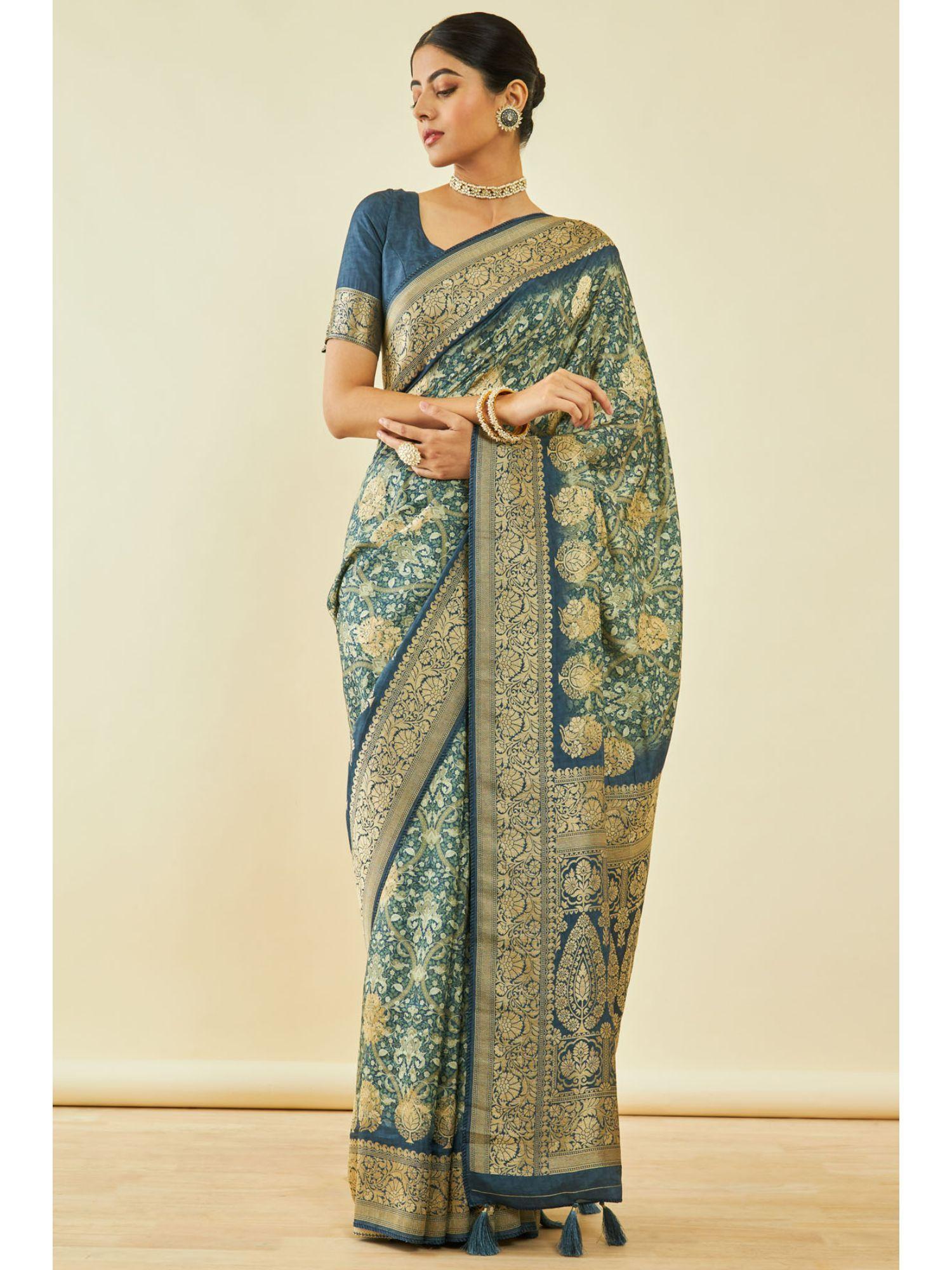 womens blue tussar silk floral print saree with tassels with unstitched blouse