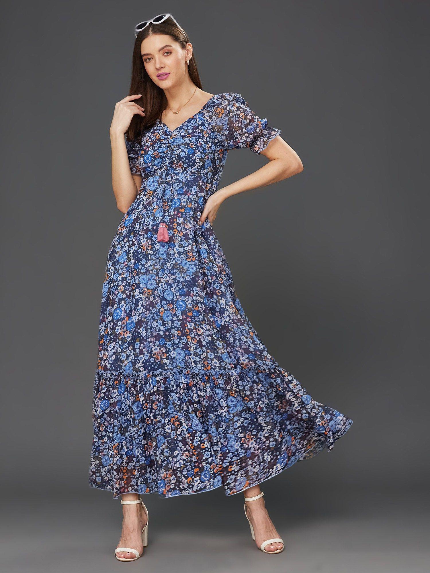 womens blue v-neck floral print maxi dress