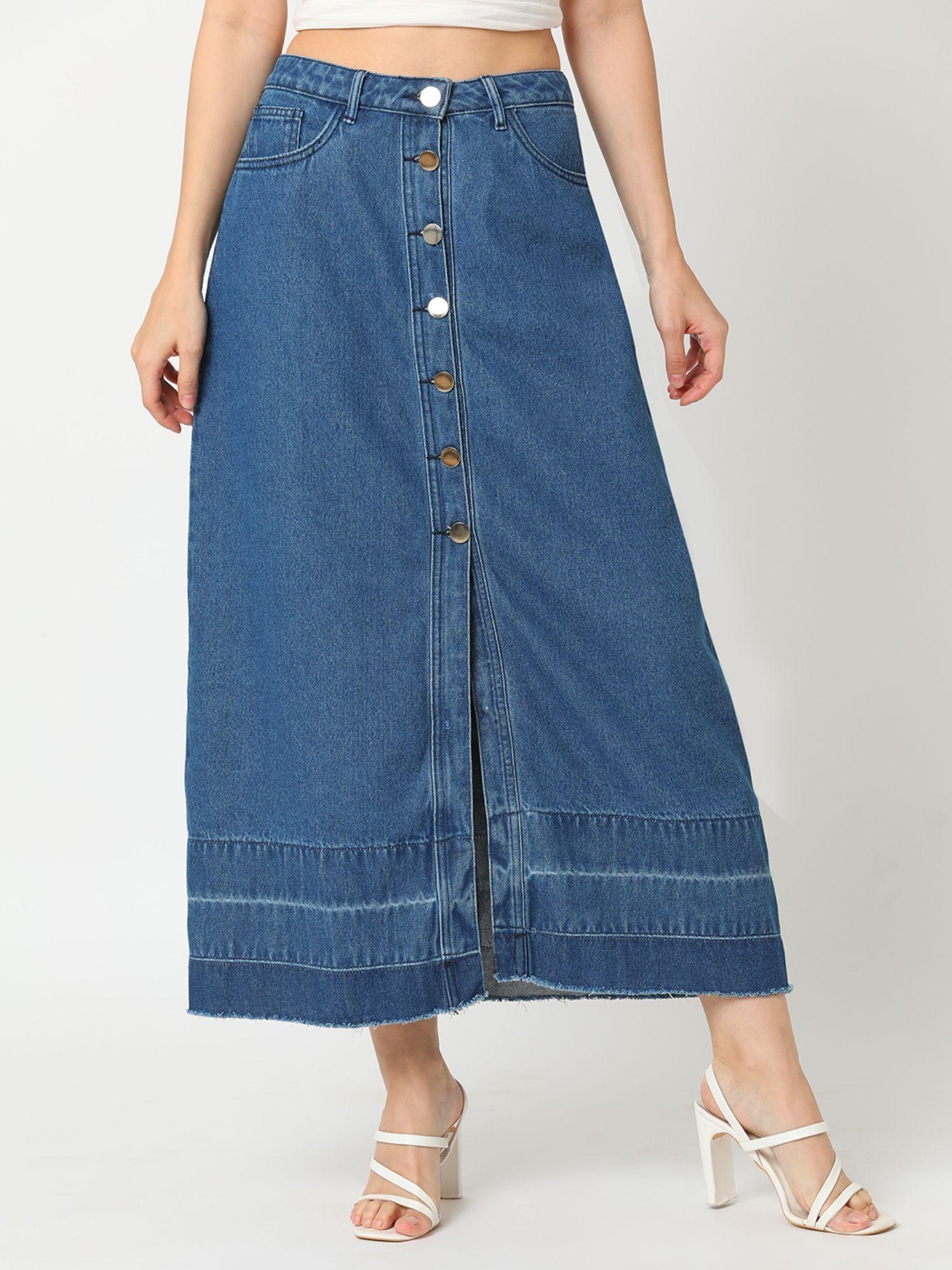 womens blue washed denim front slit a-line midi skirt