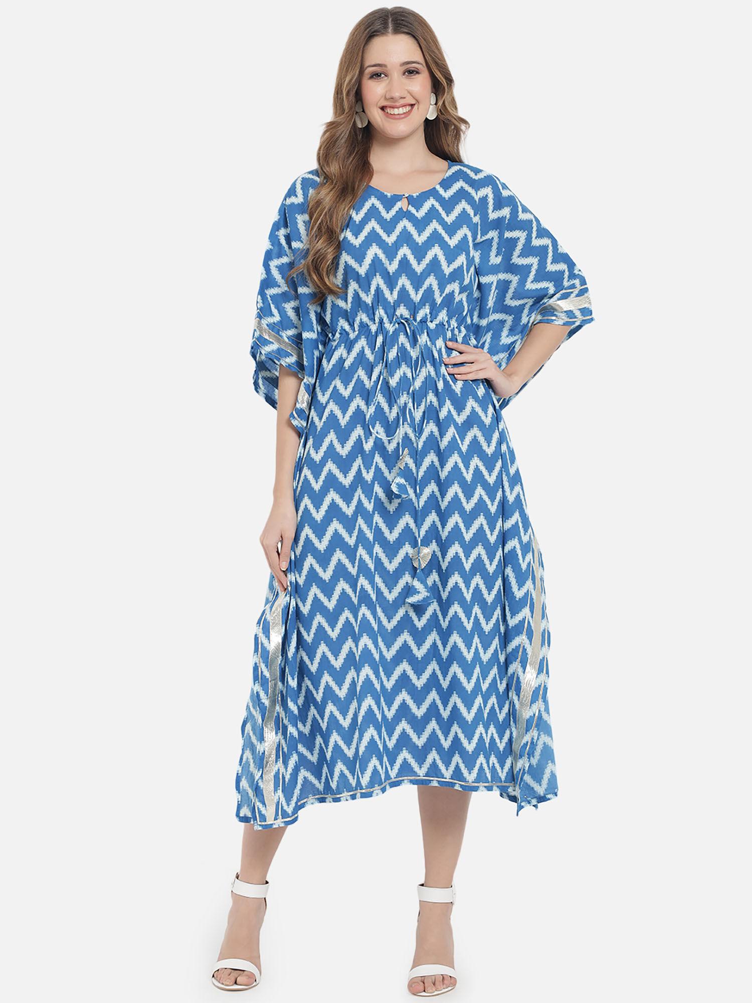 womens blue white zig-zag printed ethnic kaftan midi dress