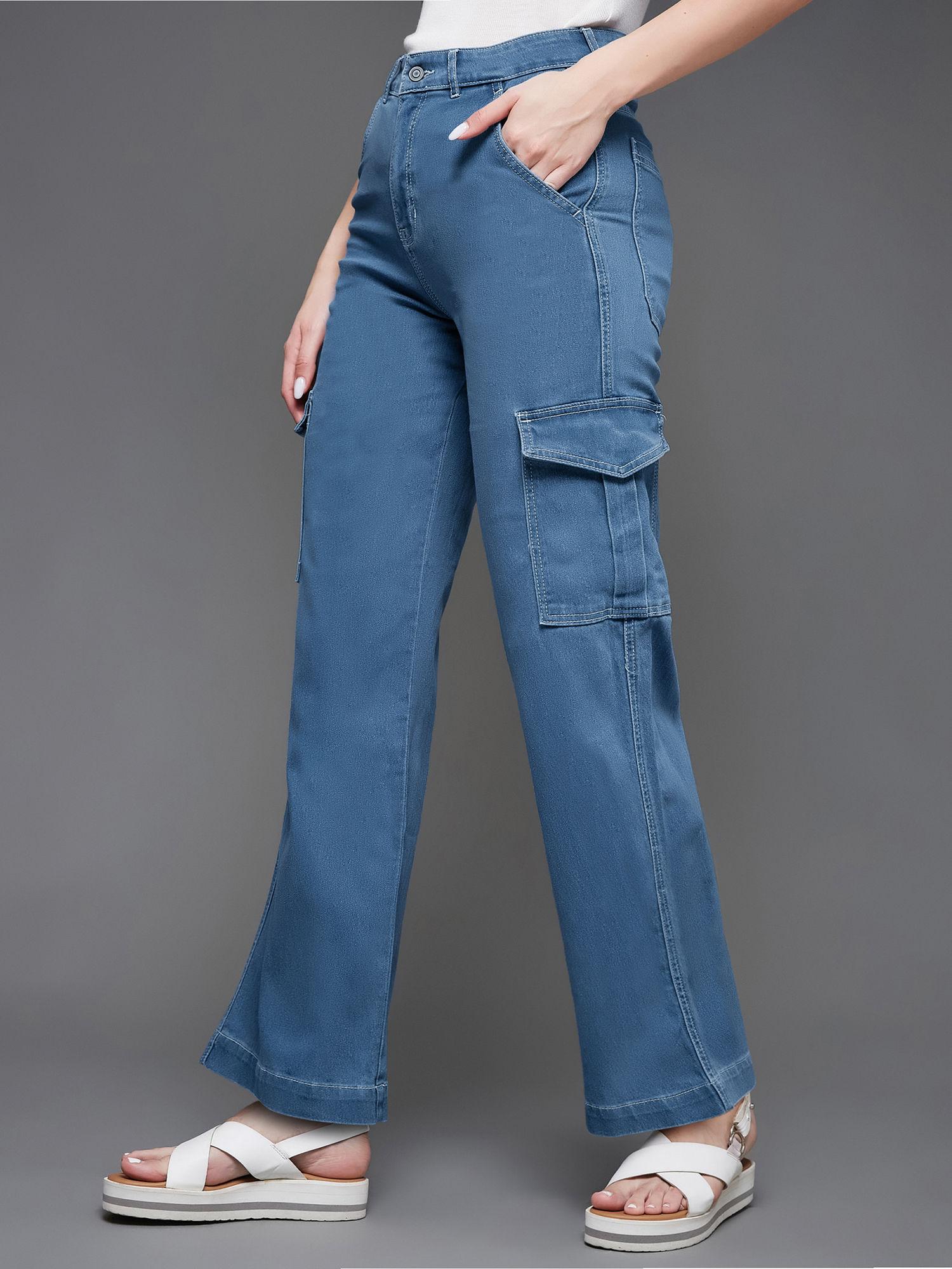 womens blue wide leg high rise clean look regular stretchable denim jeans