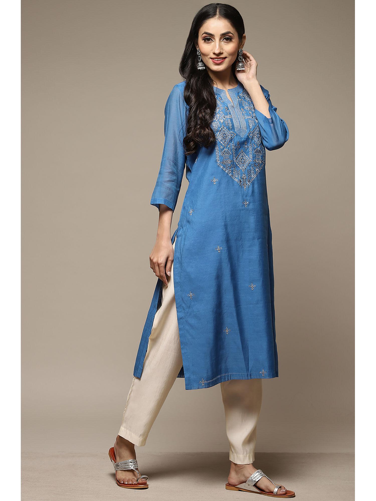 womens blue yarndyed poly chanderi straight kurta