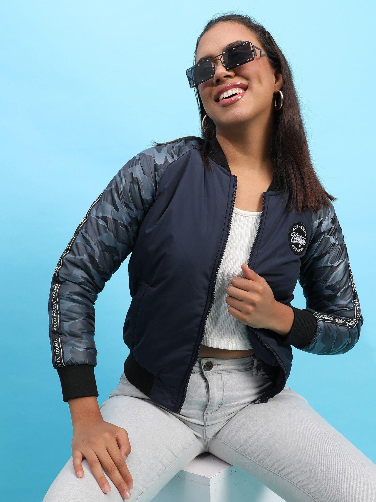 womens blue zip front bomber jacket with camouflage sleeves