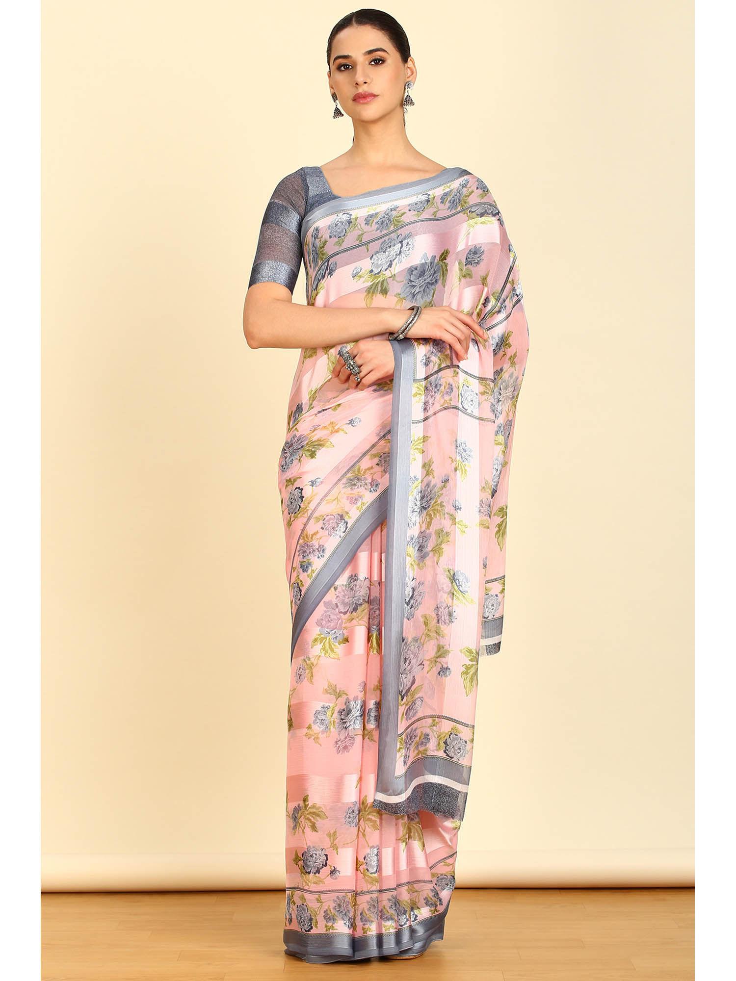 womens blush pink chiffon floral print saree with unstitched blouse