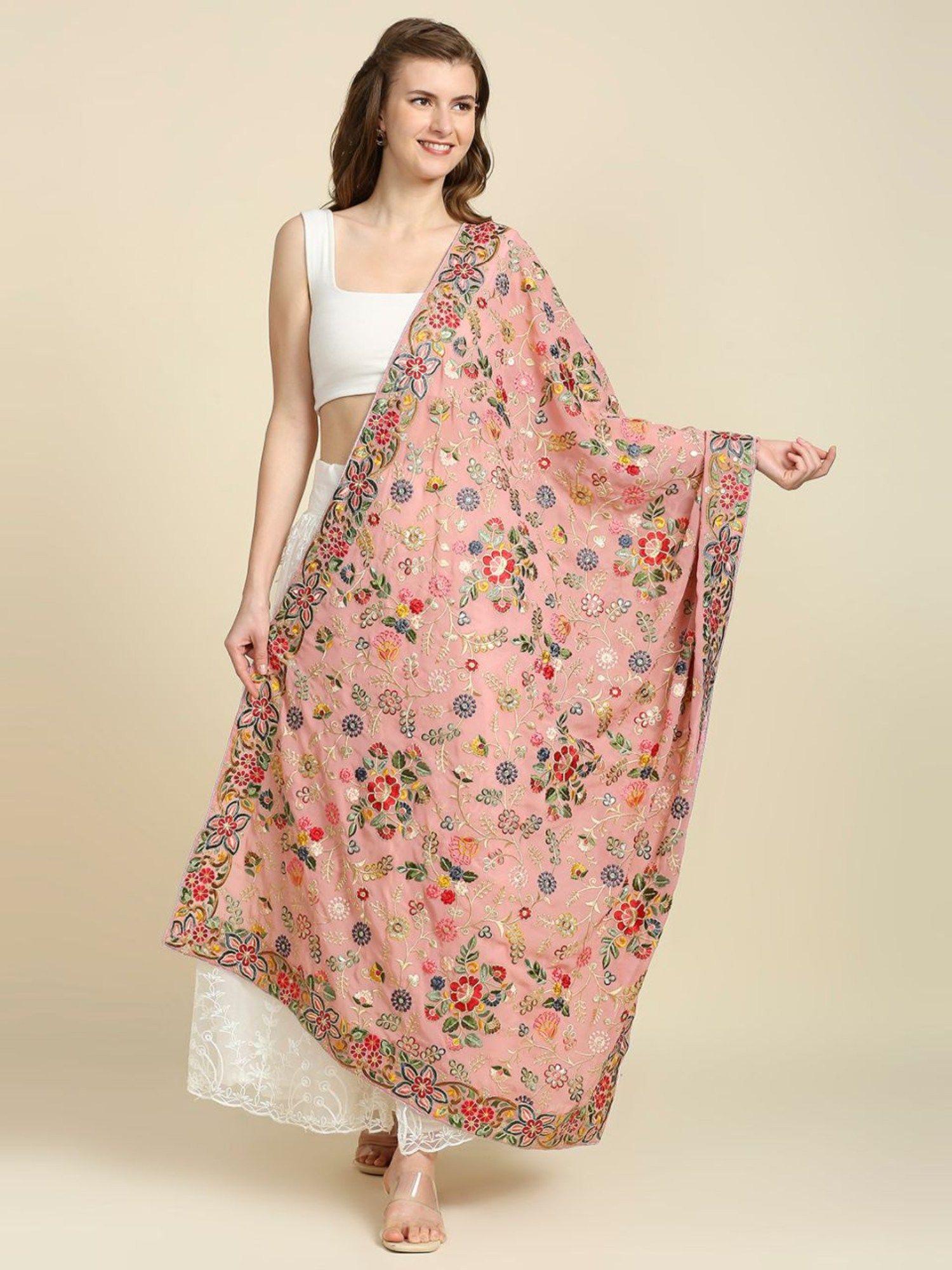 womens blush pink georgette dupatta with heavy embroidery