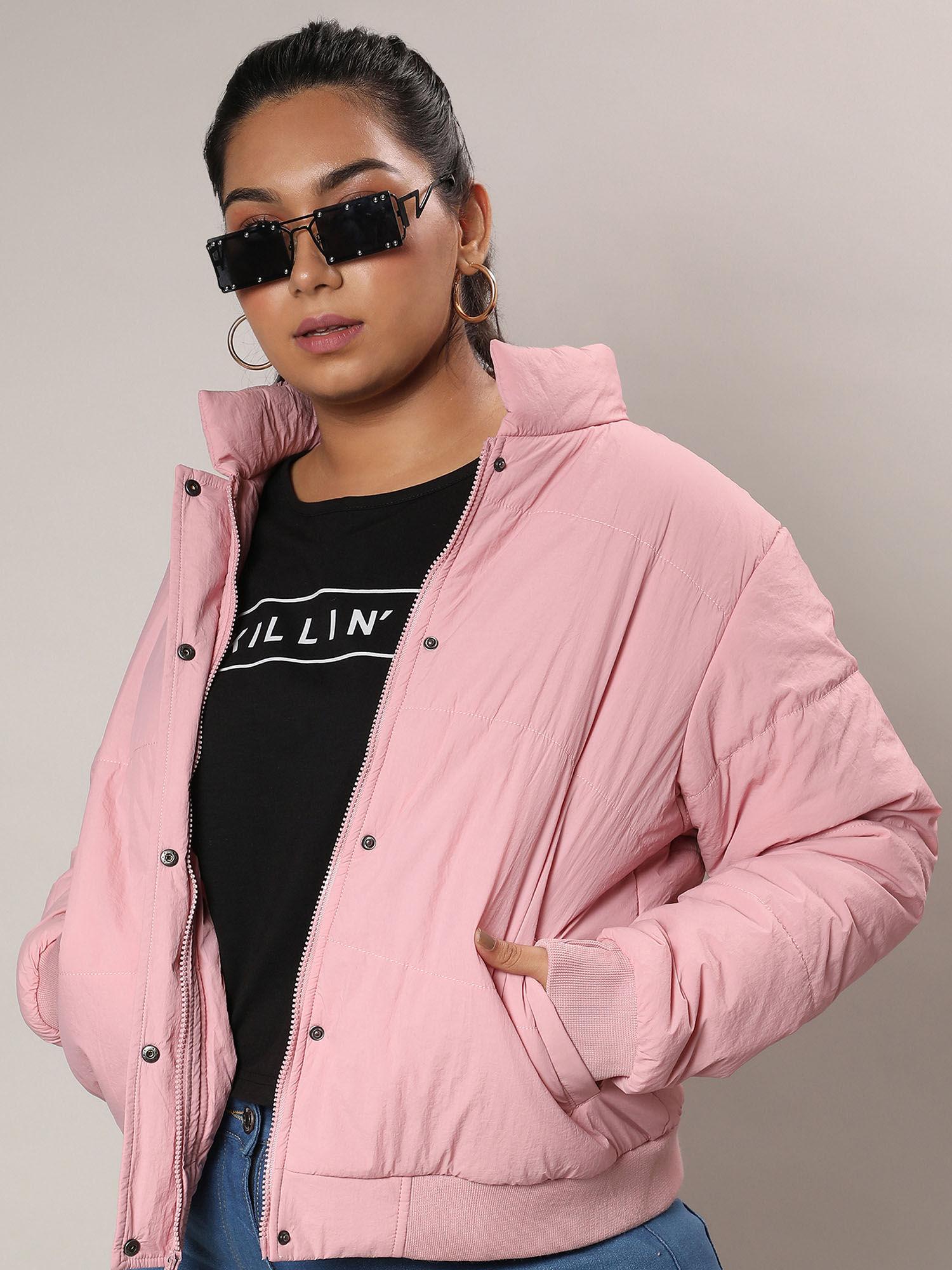 womens blush pink puffer jacket with angled open pockets