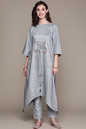 womens boat neck chinon a-line kurta and pant set - grey