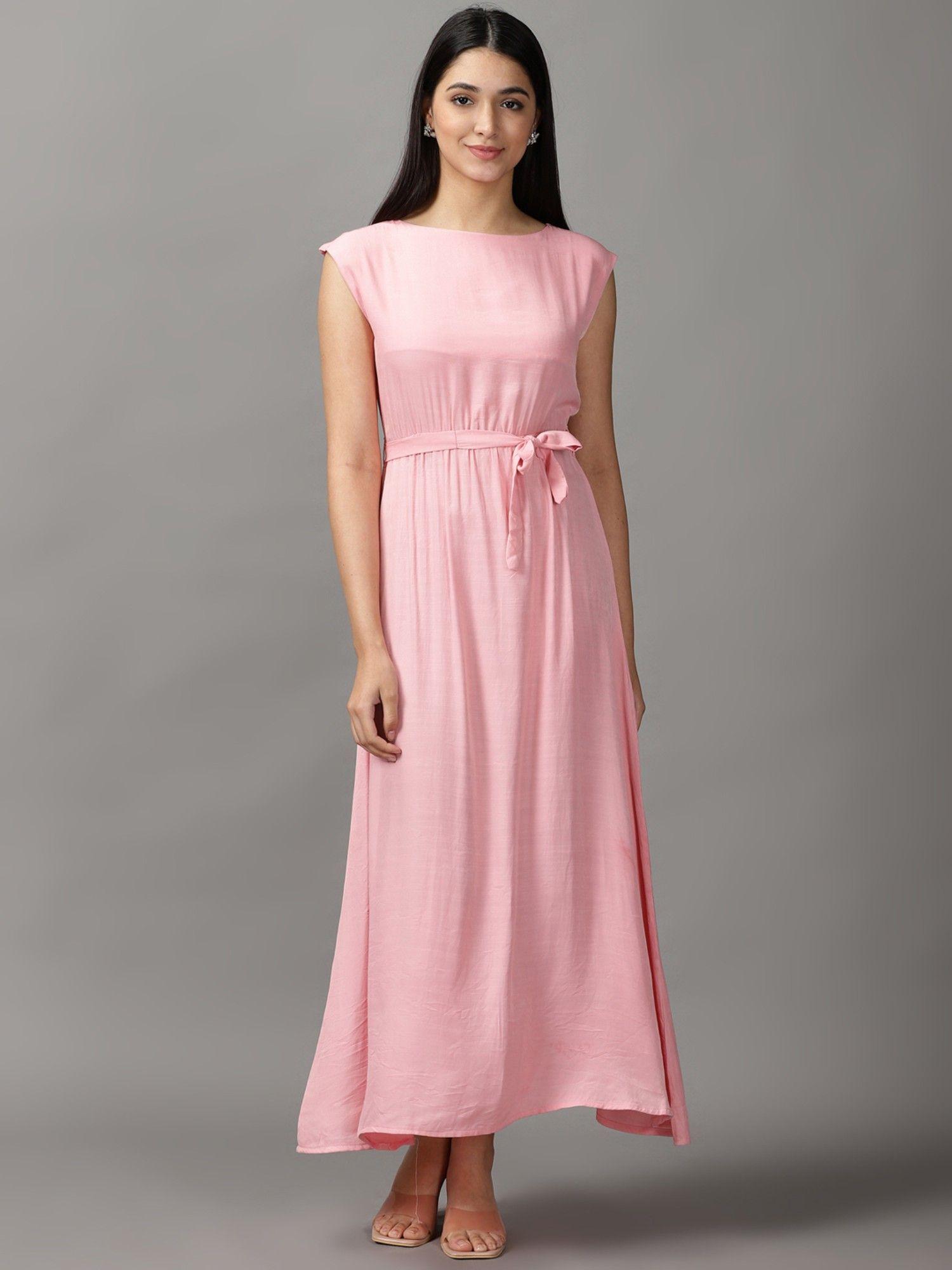womens boat neck maxi pink solid dress (set of 2)