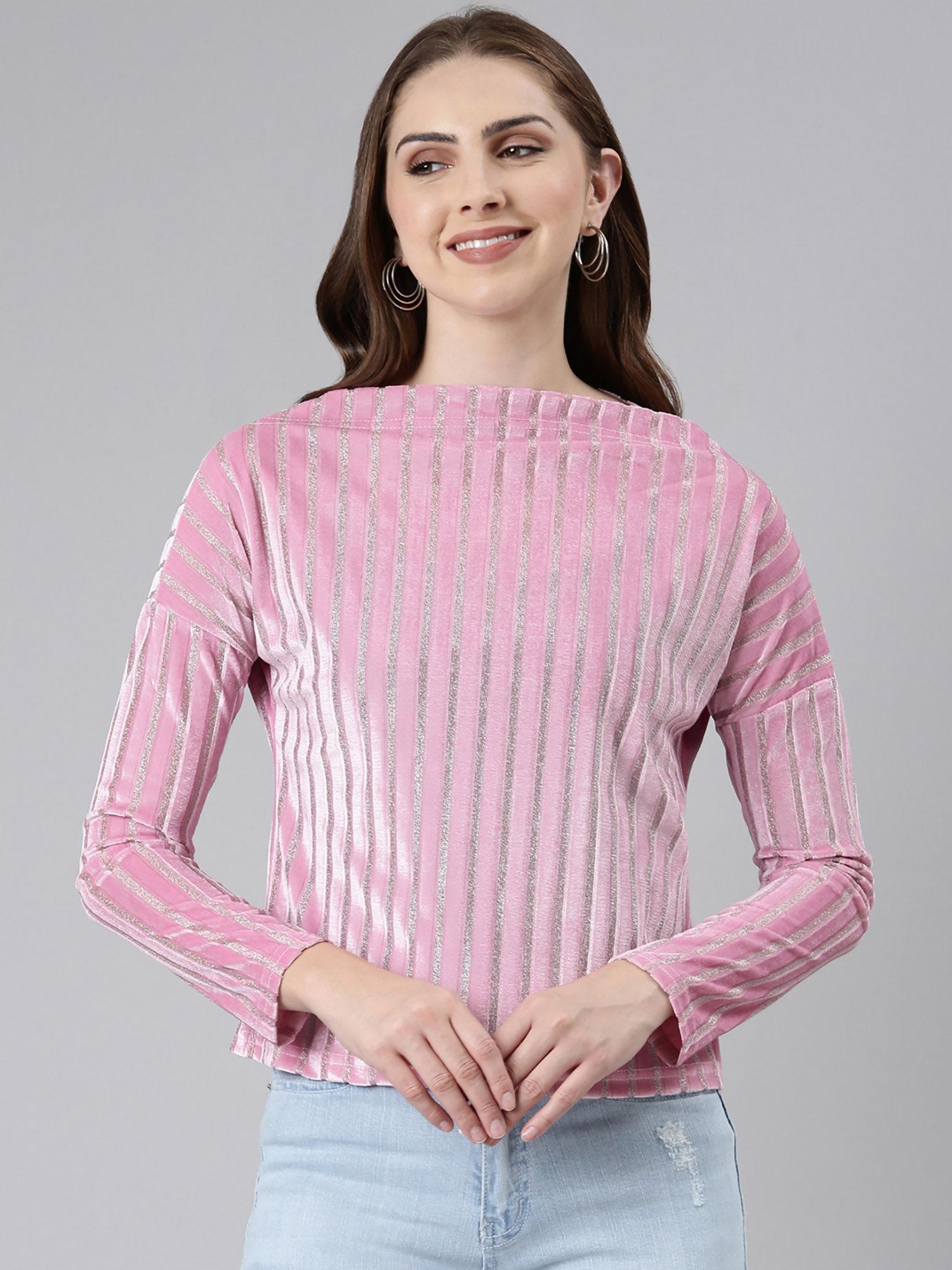 womens boat neck stripe pink regular top