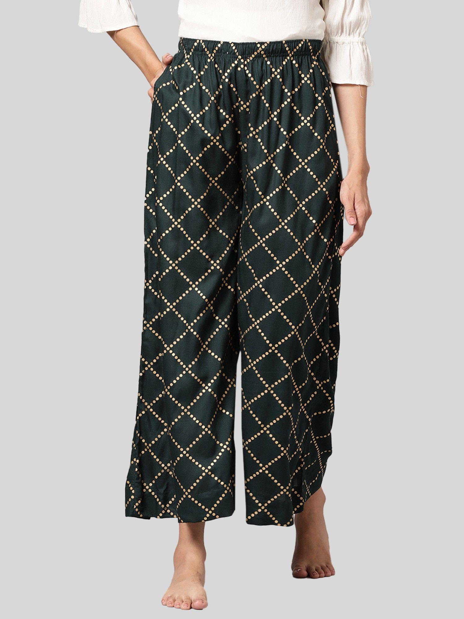 womens bottle green printed viscose light weight flared lounge pant