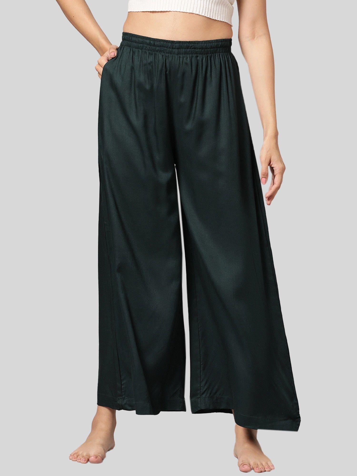 womens bottle green solid viscose light weight flared lounge pant