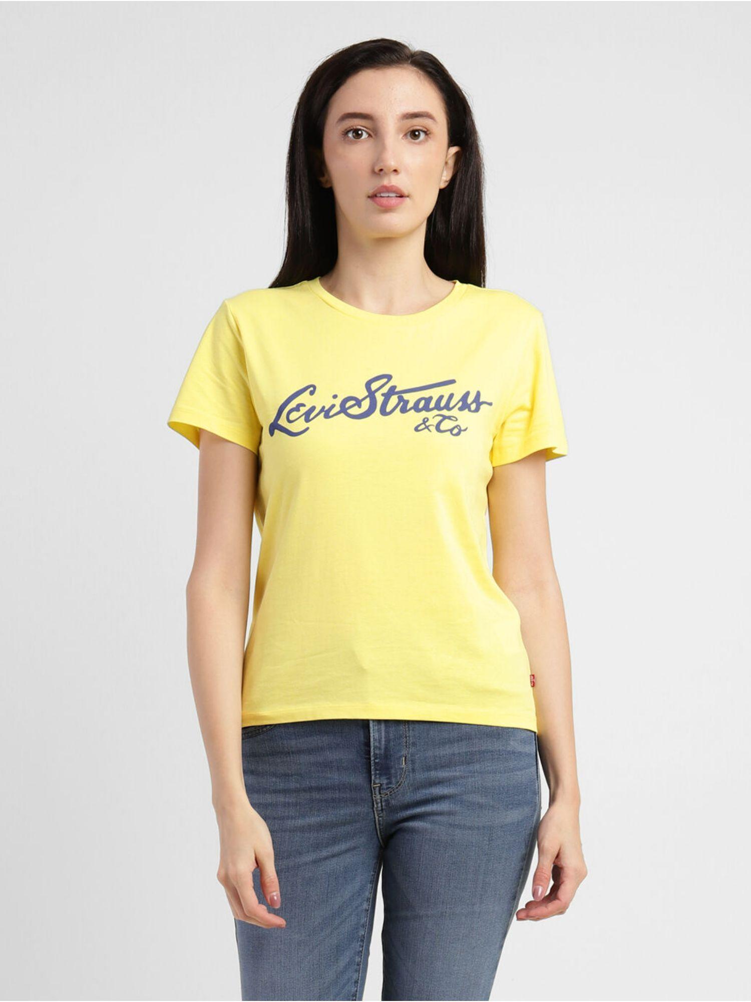 womens brand logo crew neck t-shirts - yellow