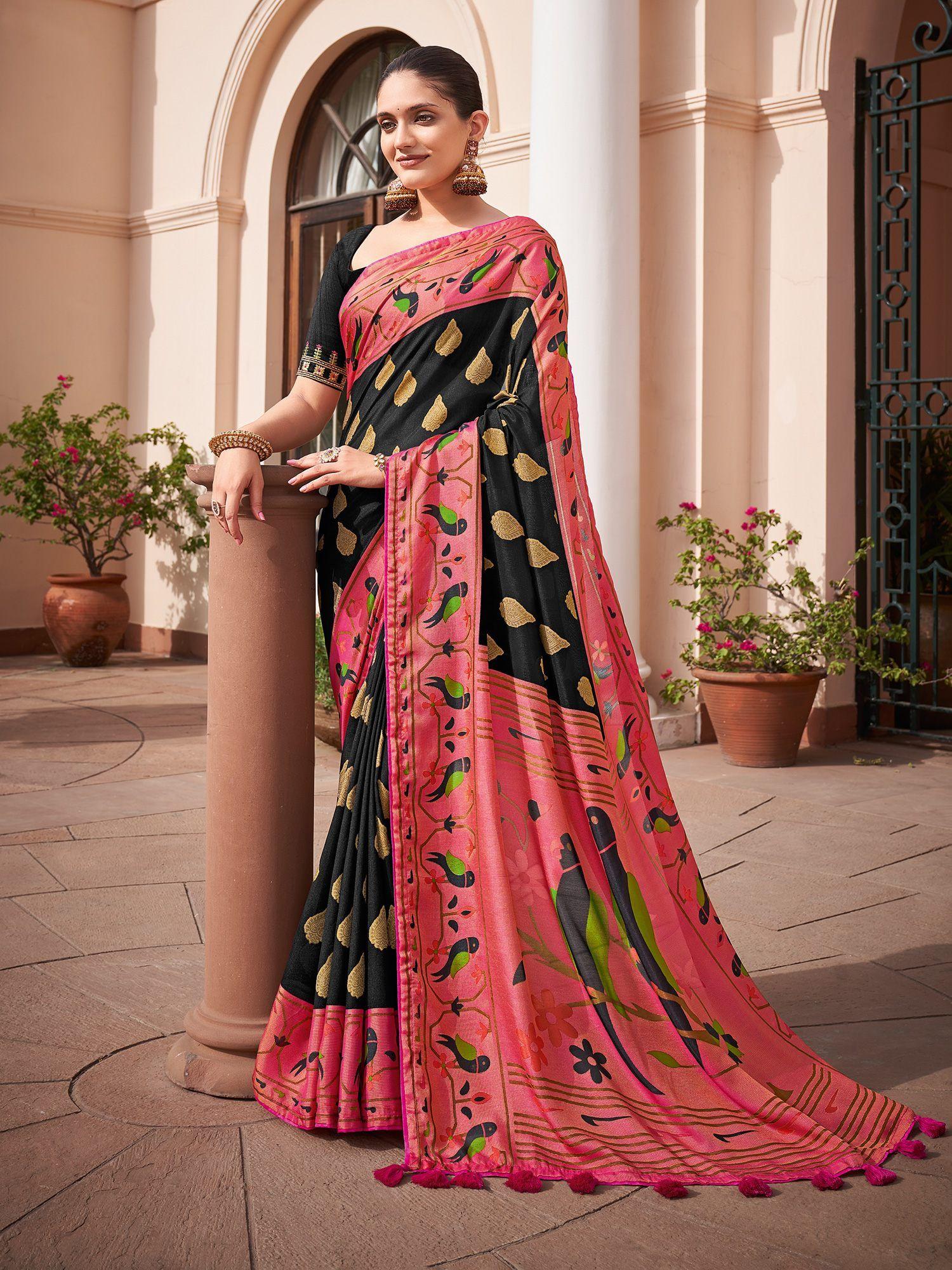 womens brasso black printed designer saree with embroidered unstitched blouse