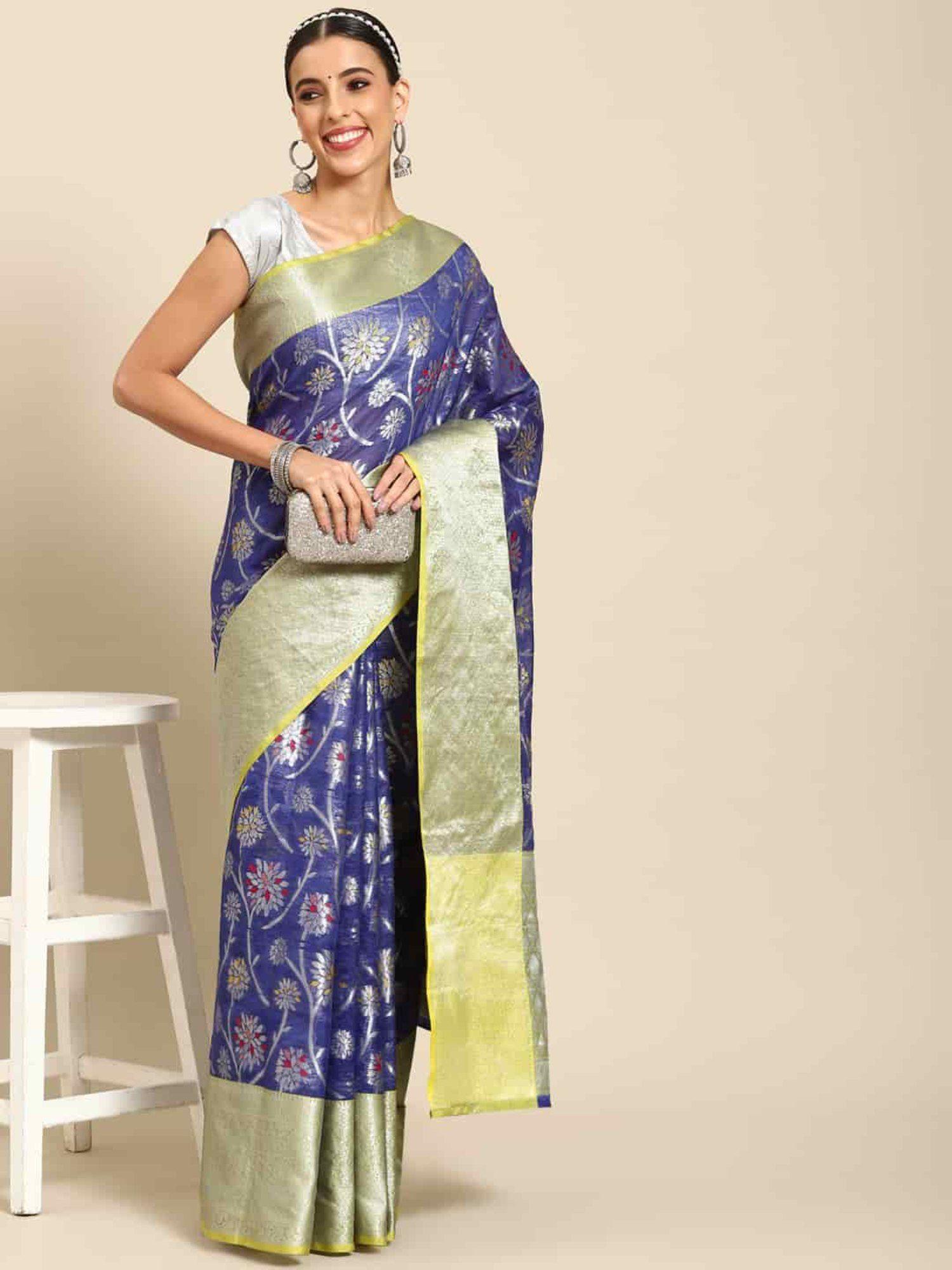 womens brocade soft silk navy blue zari woven saree with unstitched blouse