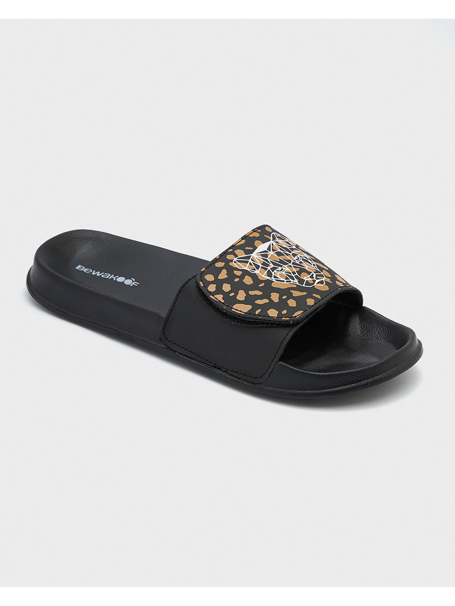 womens brown & black cheetah printed velcro sliders