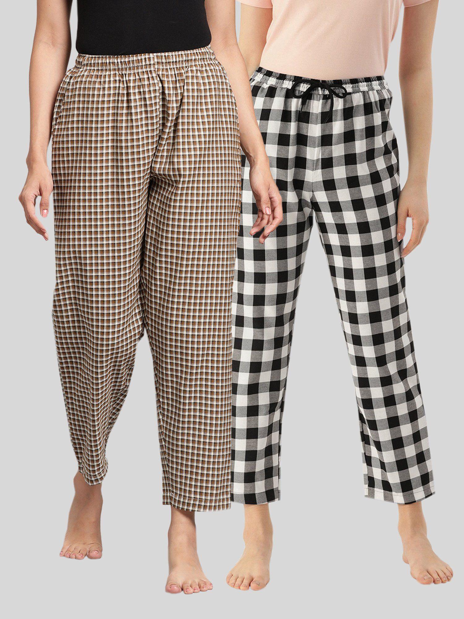 womens brown & black cotton check lounge pajamas (pack of 2)