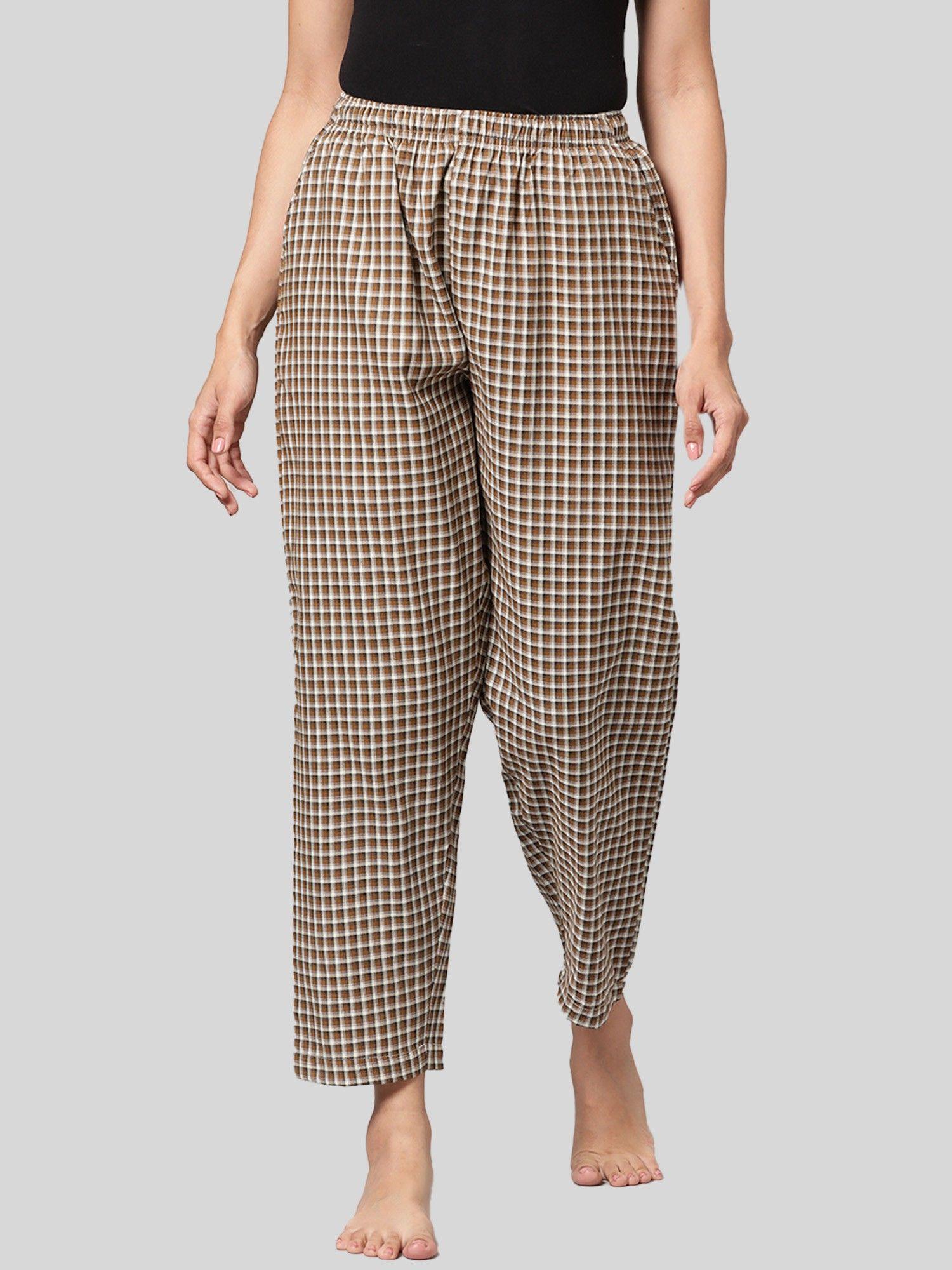 womens brown 100 percent cotton woven checked regular fit pyjama