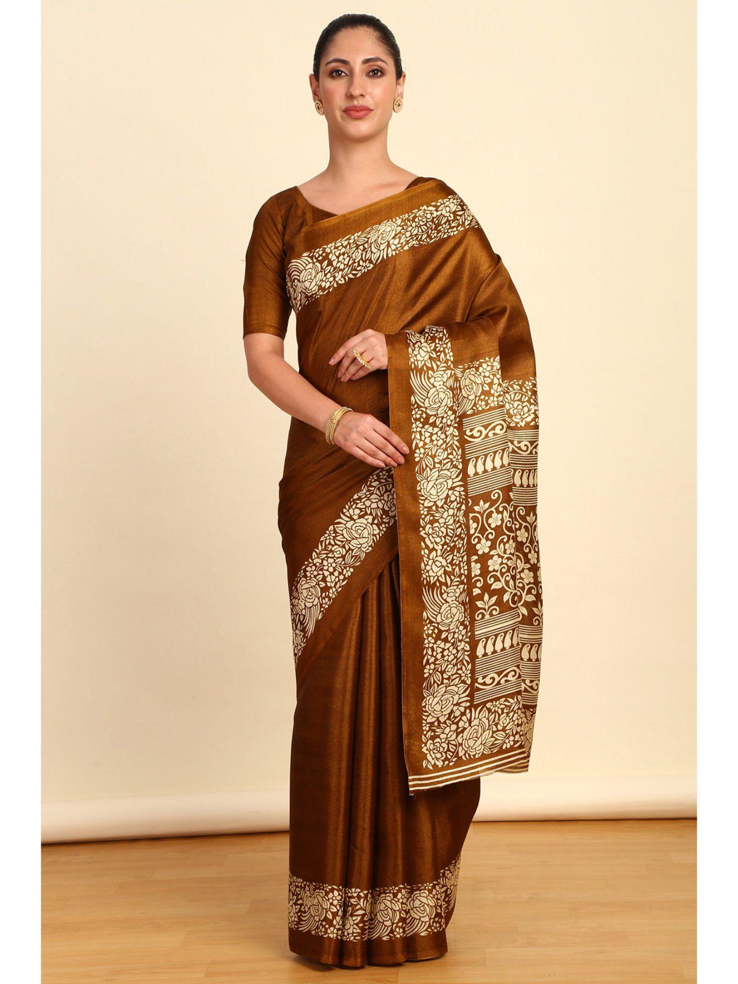 womens brown art silk floral print saree with unstitched blouse