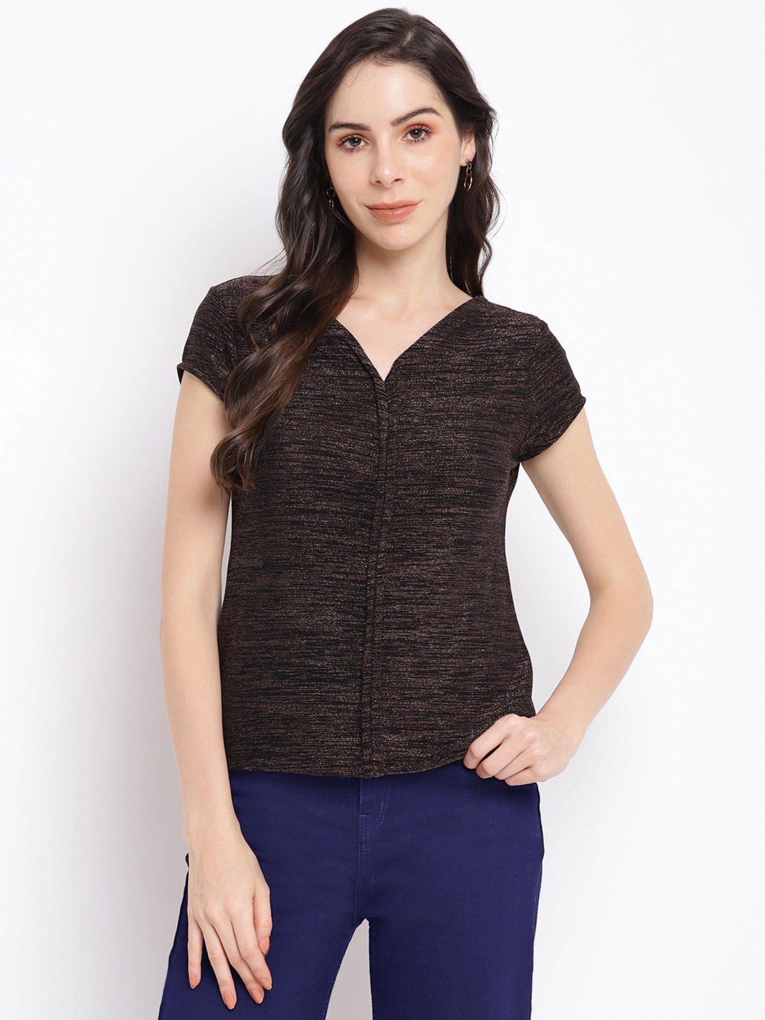 womens brown cap sleeve printed knit top