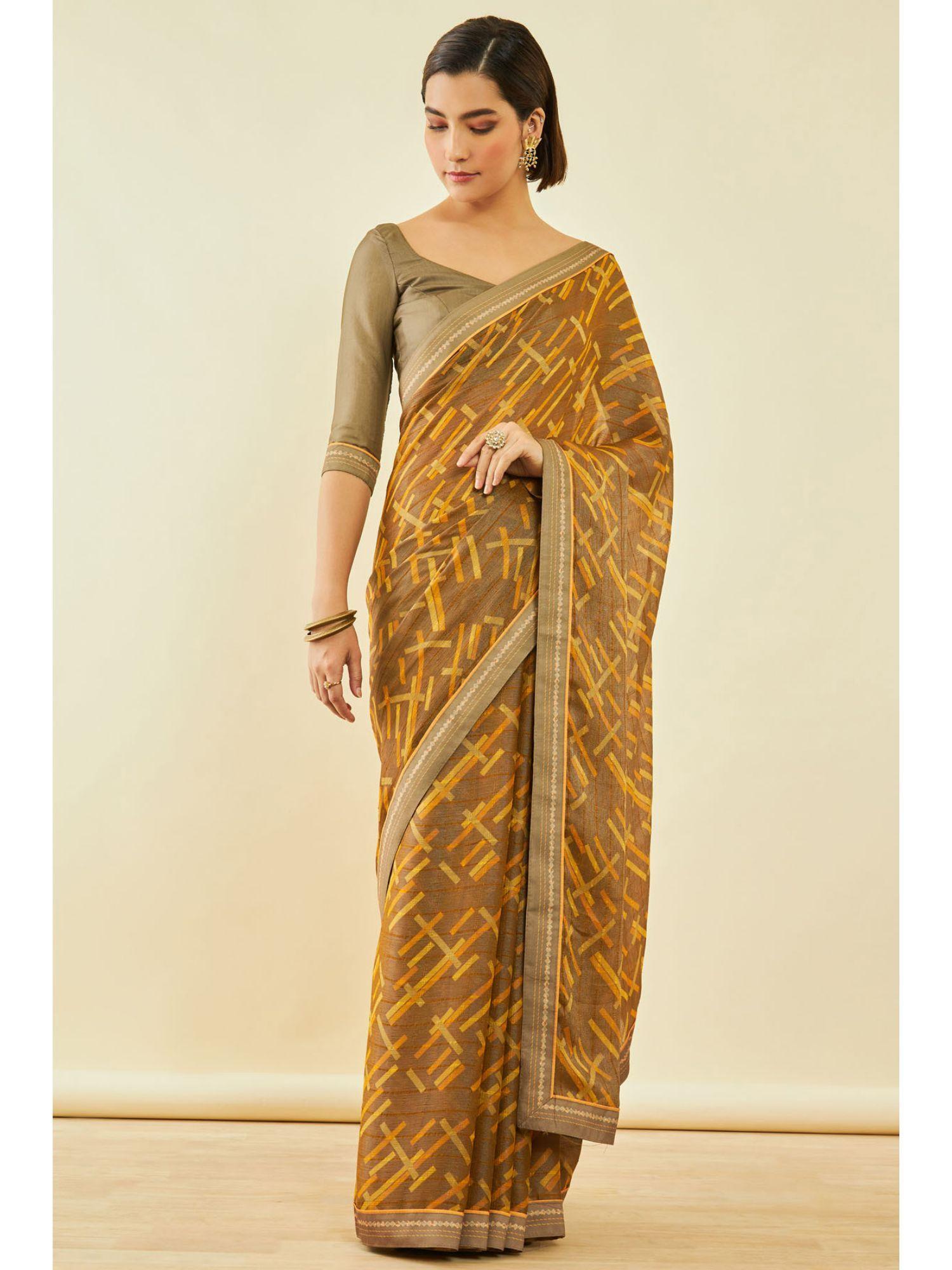 womens brown chiffon geometric saree with unstitched blouse