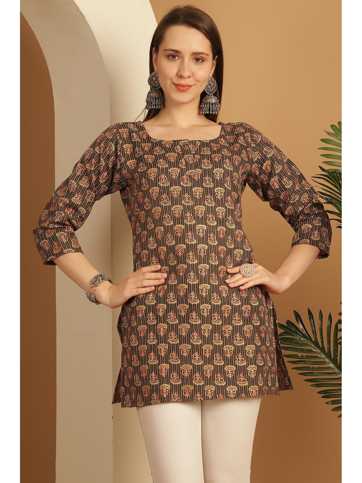 womens brown cotton foil printed tunic