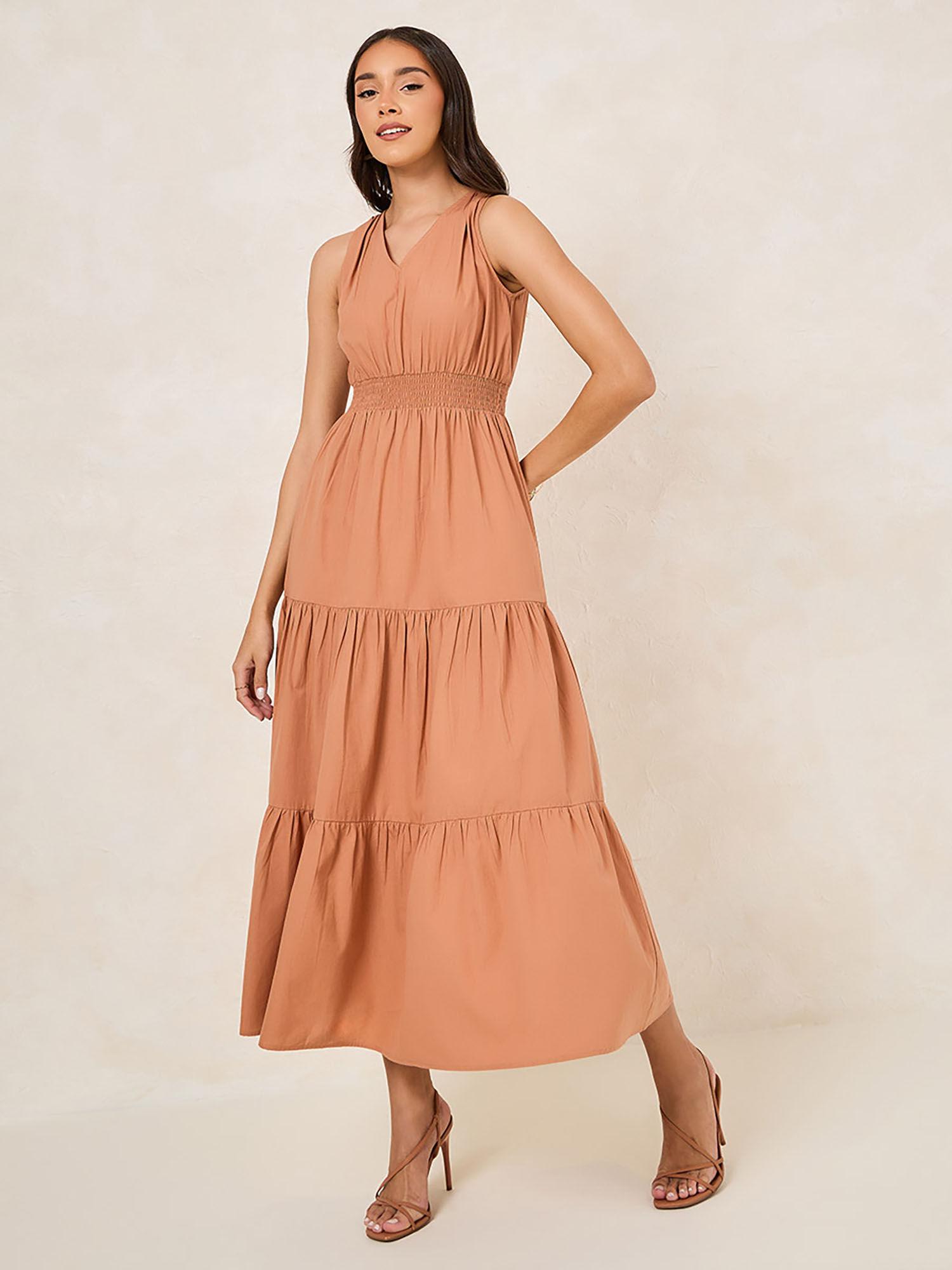 womens brown cotton v-neck sleeveless a-line maxi dress