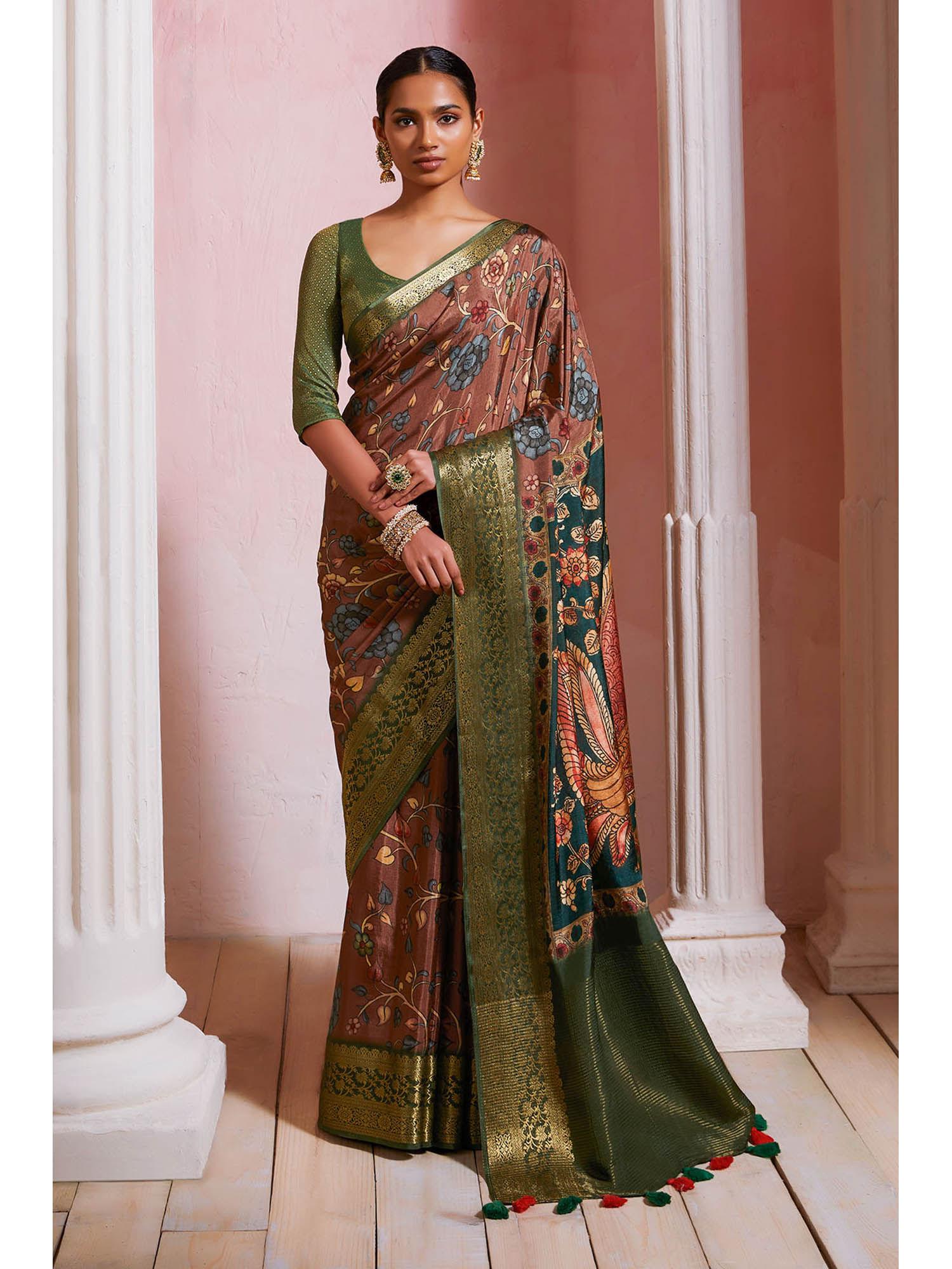 womens brown crepe floral kalamkari print zari border saree with unstitched blouse