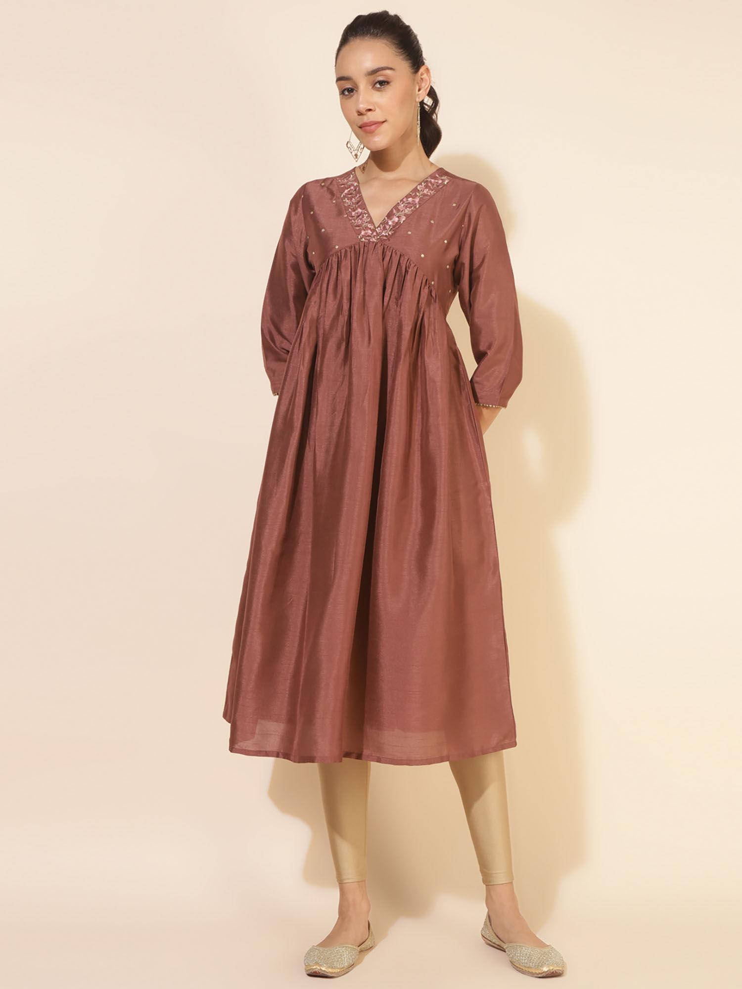 womens brown crepe silk embellished empire kurta