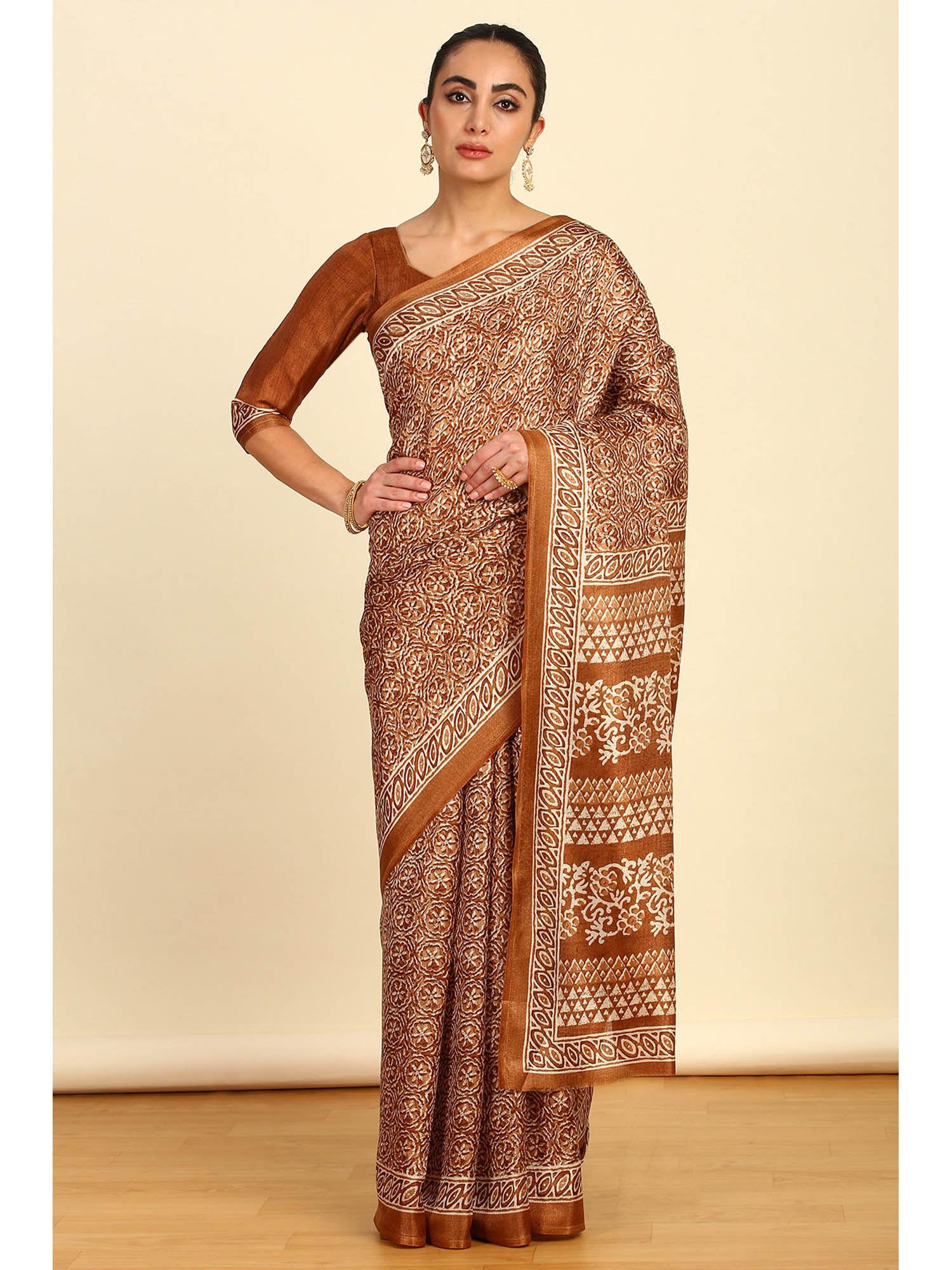 womens brown floral printed art silk saree with unstitched blouse