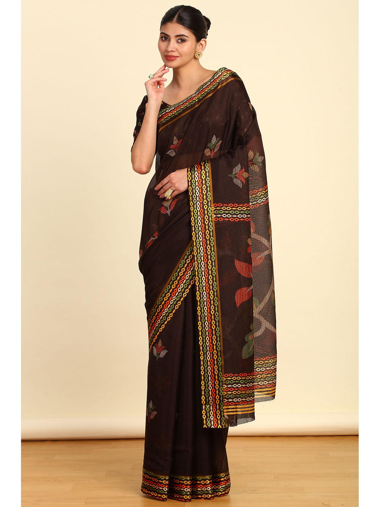 womens brown floral printed cotton saree with unstitched blouse