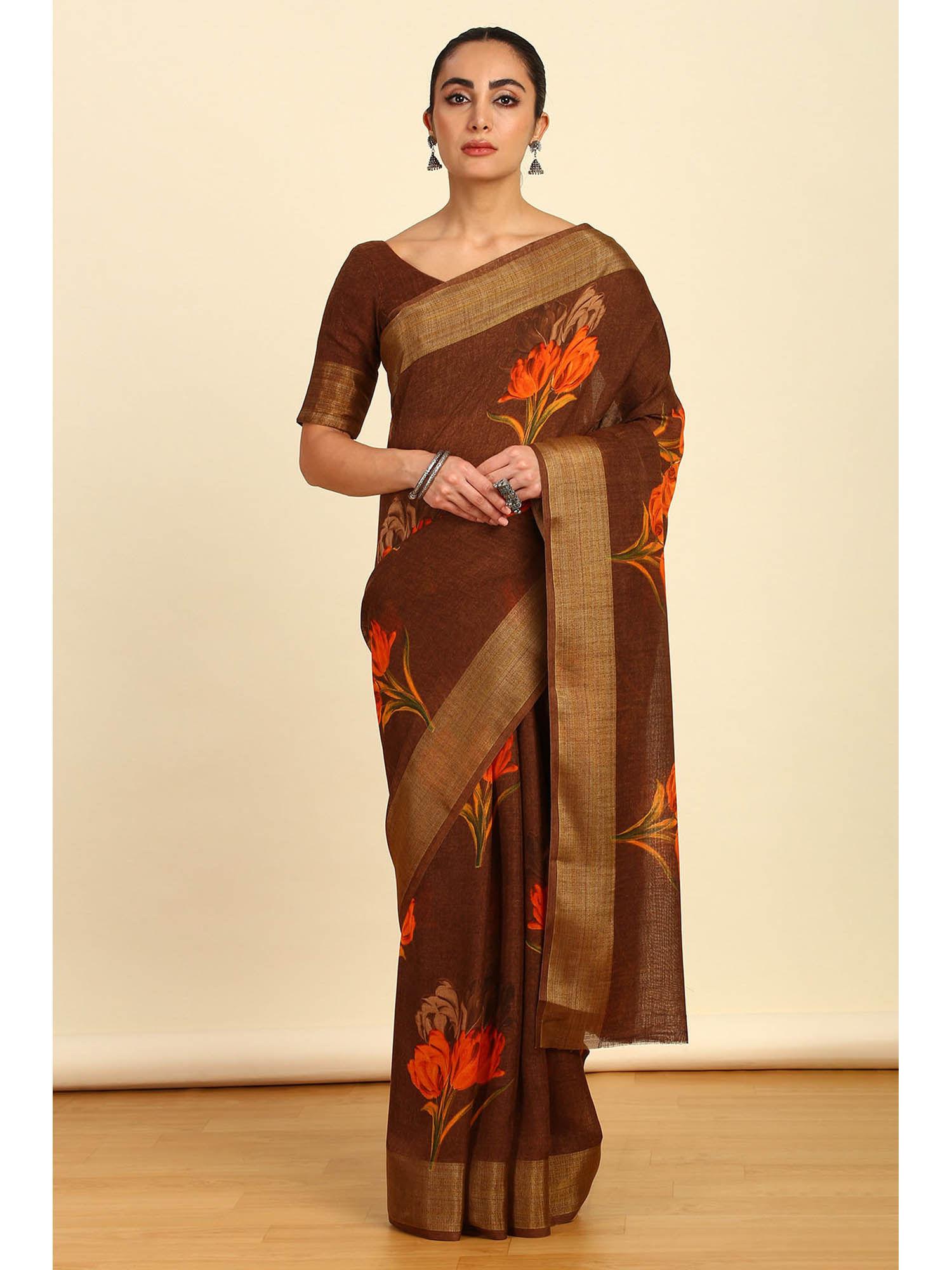 womens brown floral printed linen saree with unstitched blouse