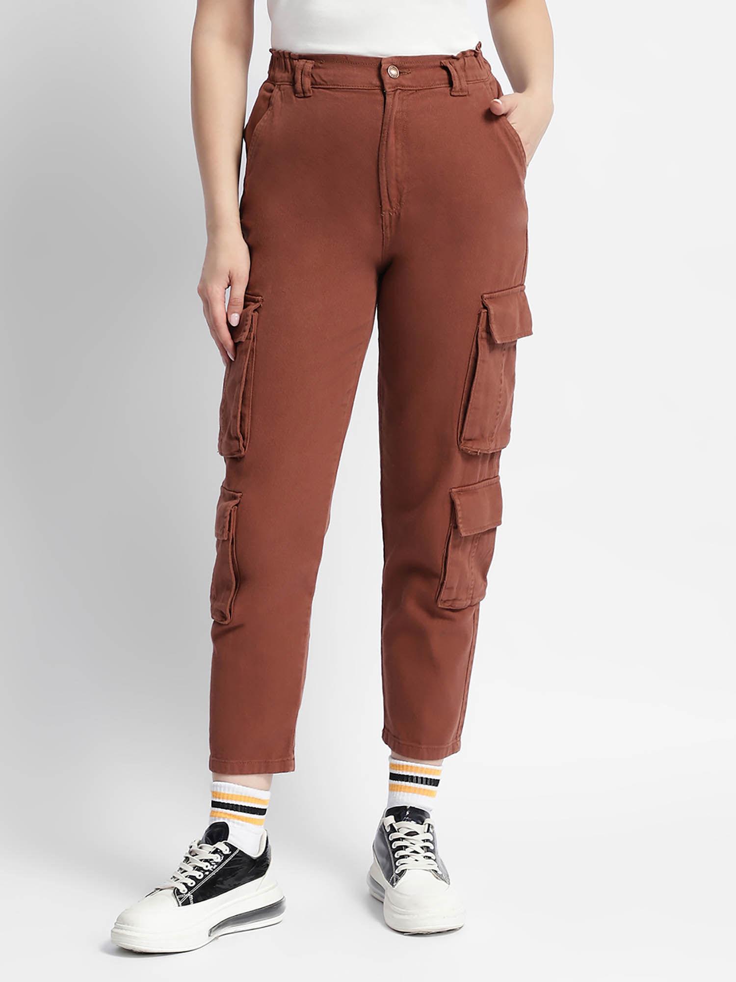 womens brown mid rise straight fit cargo pant