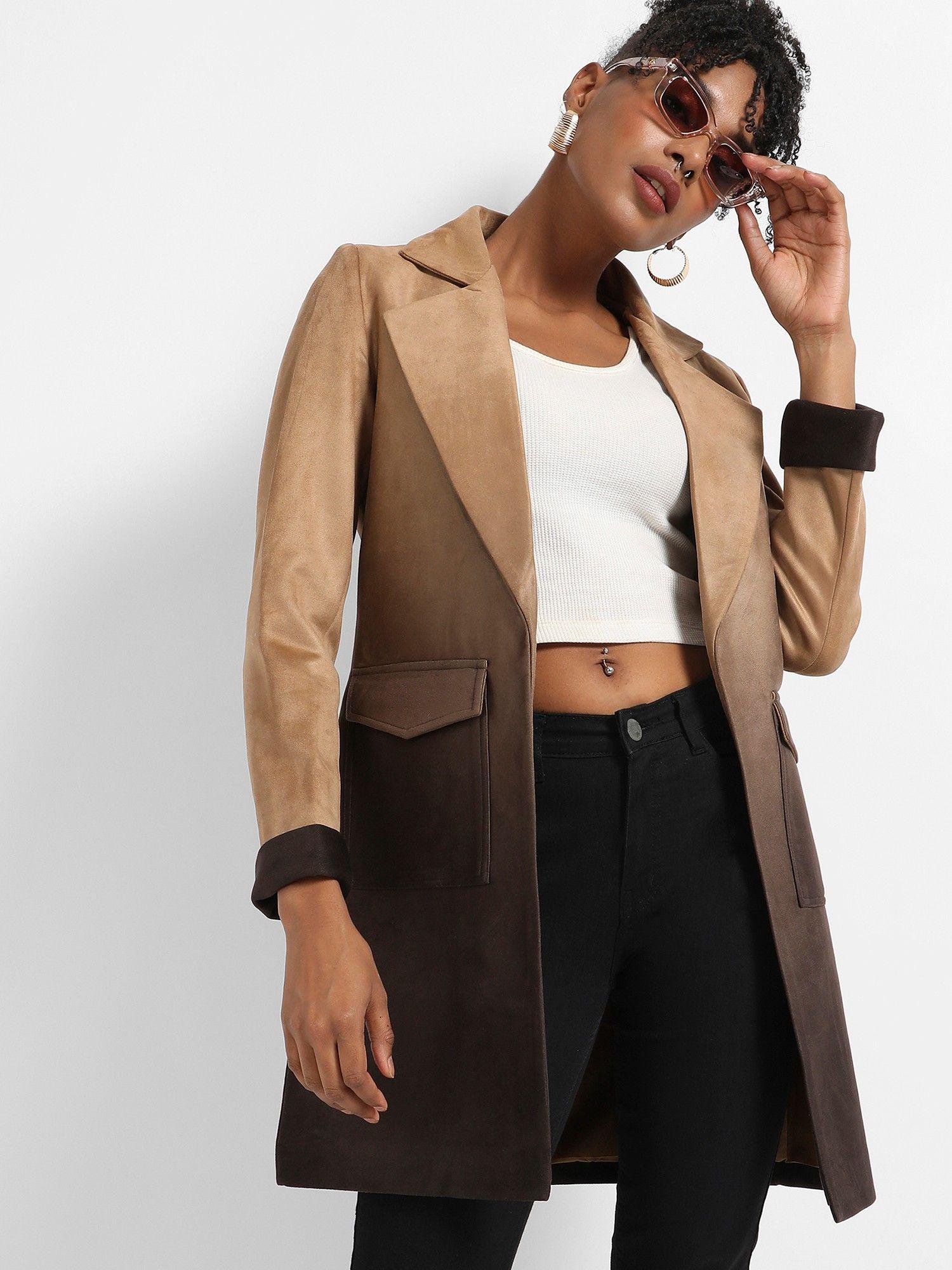 womens brown ombre long coat with flap pocket