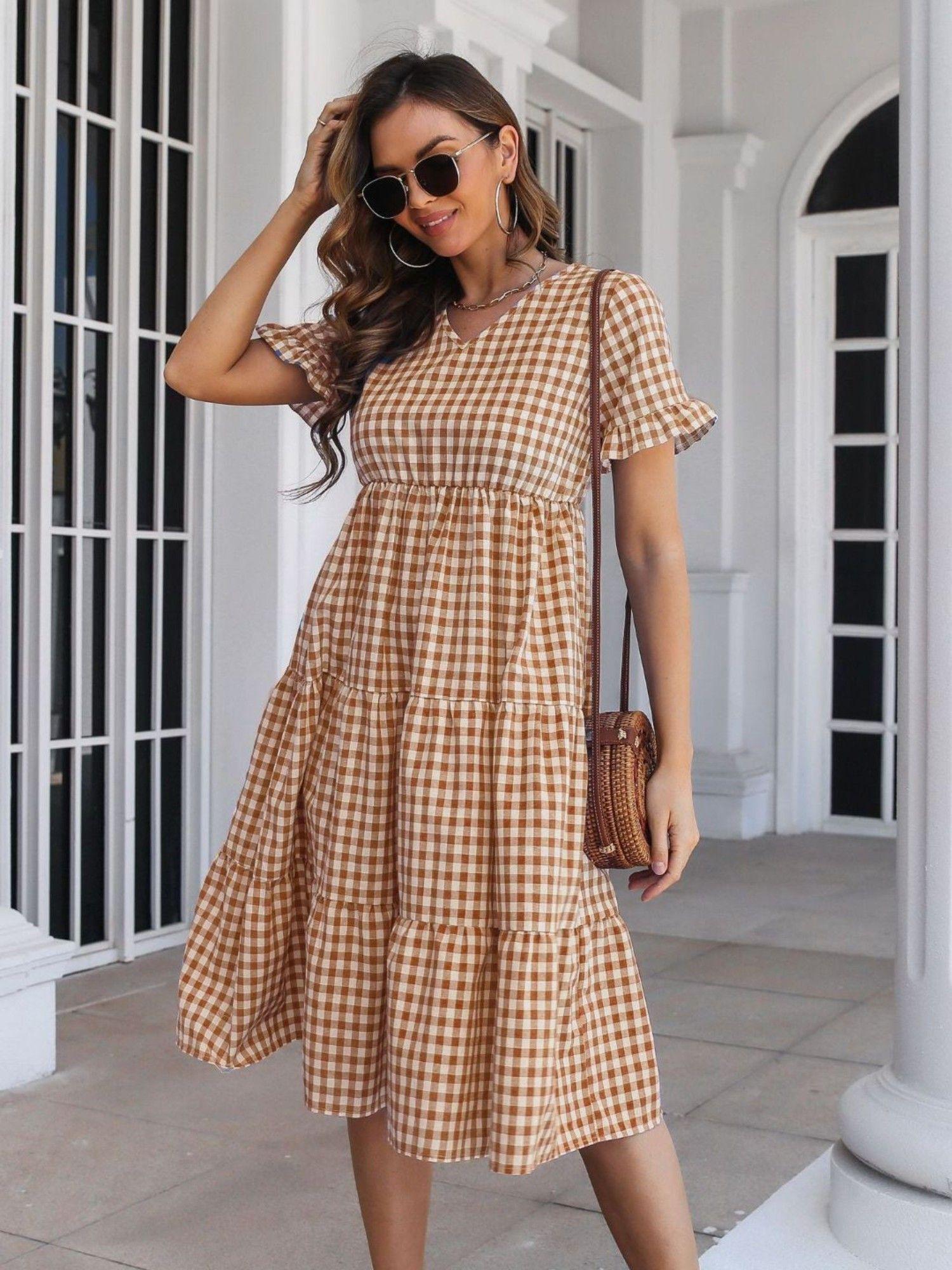 womens brown plaid ruffled v-neck short sleeves midi dress