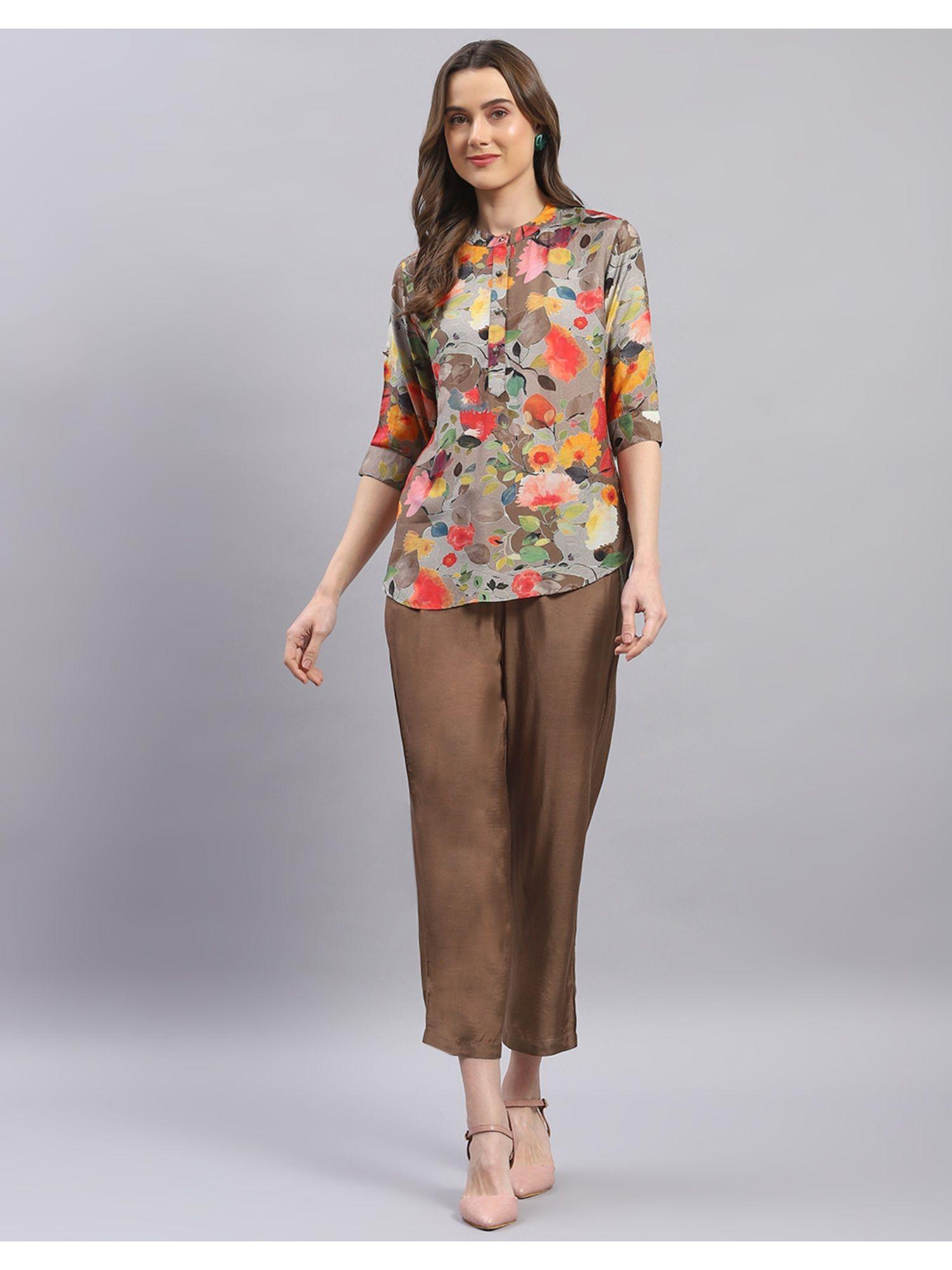 womens brown printed mandarin collar half sleeve co-ord (set of 2)