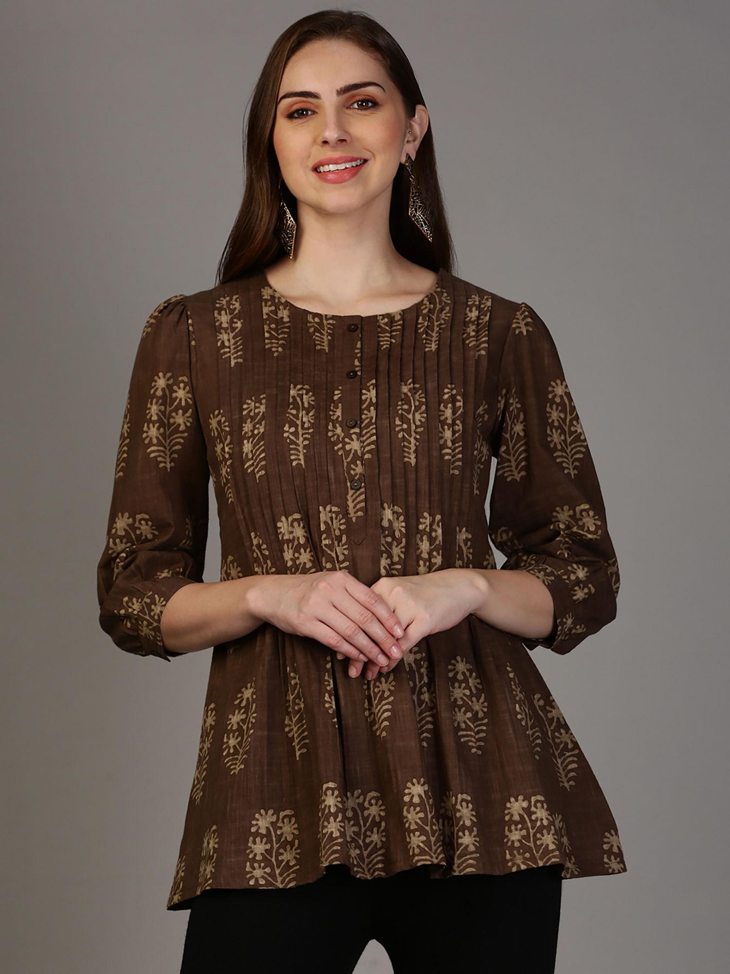 womens brown printed pleated cotton tunic