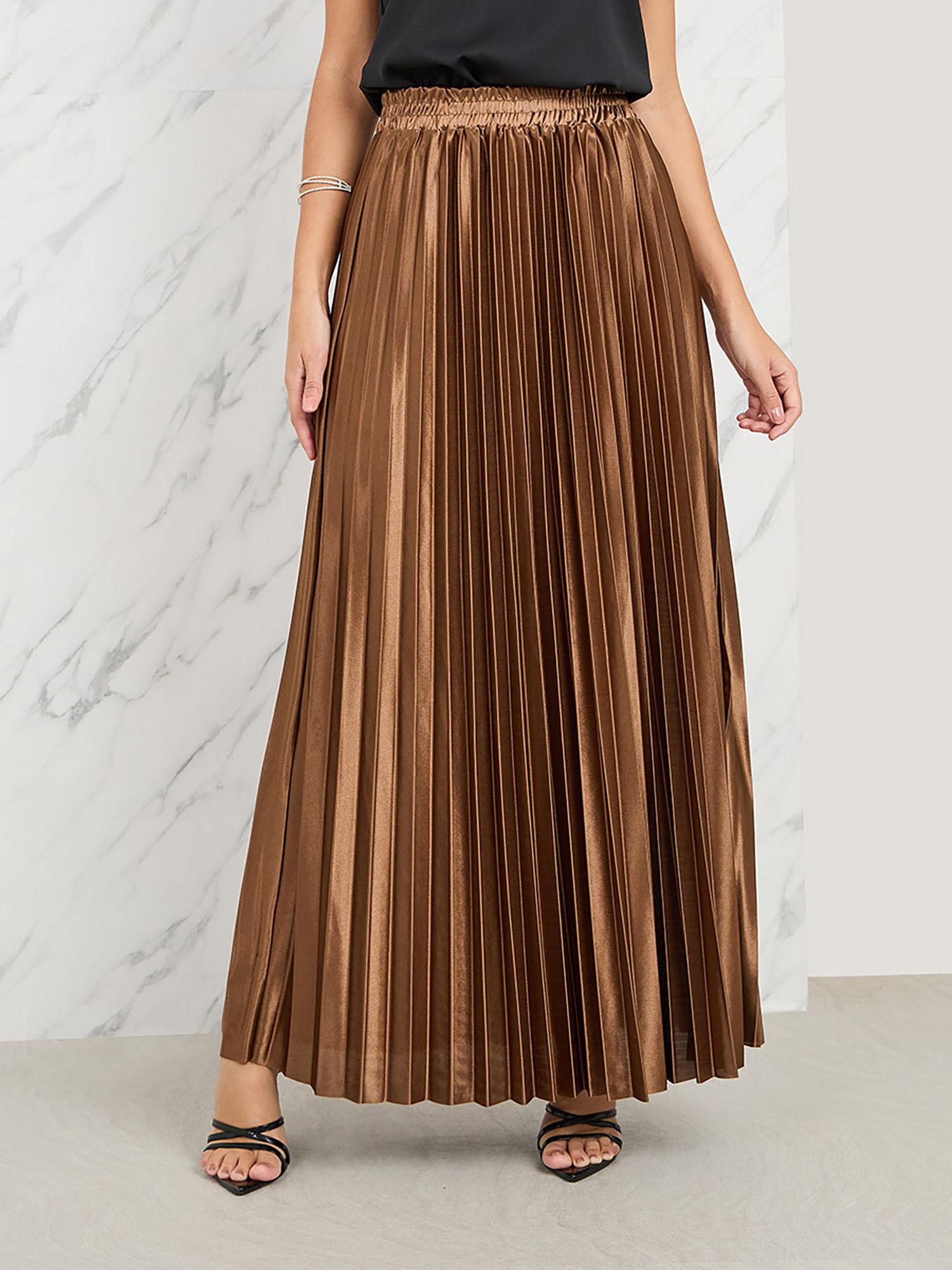 womens brown satin pleated high rise a-line maxi skirt